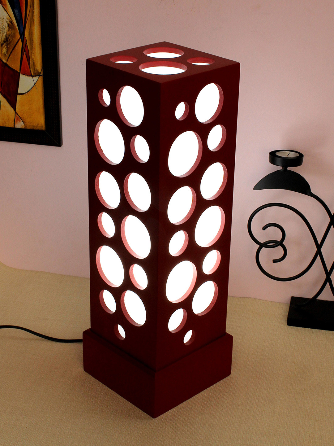 Home Sparkle Red & White Solid Handcrafted Column Table Lamp