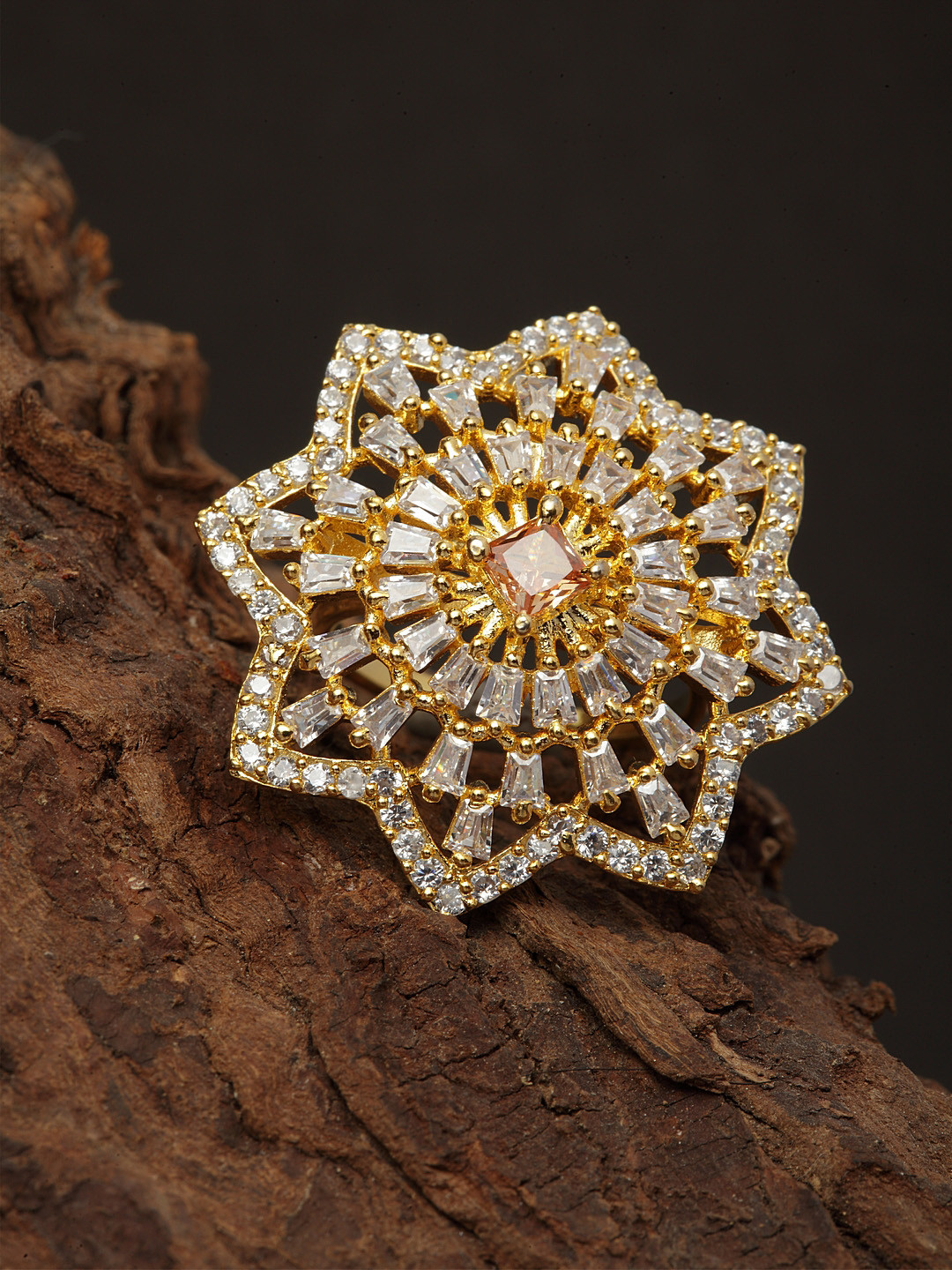 Bhana Fashion Gold-Plated & White American Diamond Studded Star Shaped Finger Ring