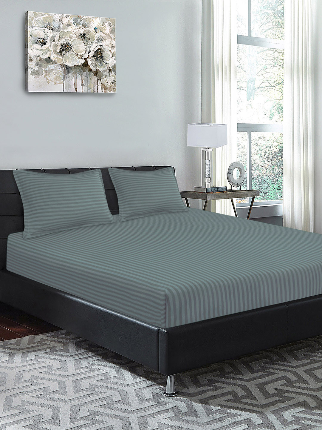 Good Homes by Home Candy Grey Striped 300 TC Cotton 1 King Bedsheet with 2 Pillow Covers