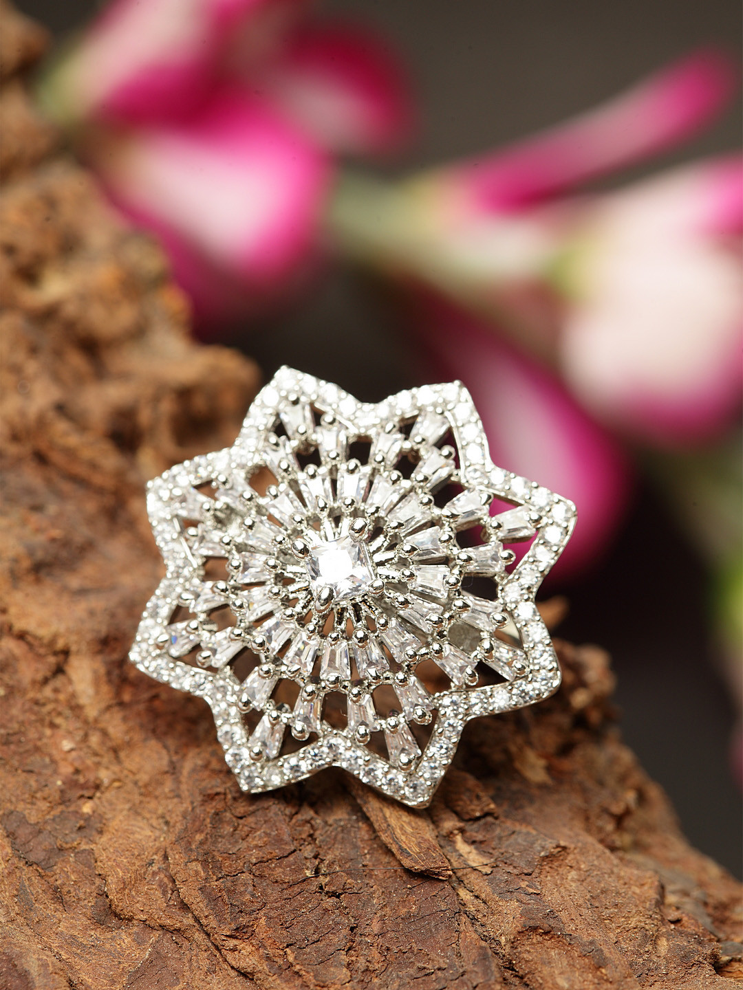 Bhana Fashion Silver-Plated & White American Diamond Studded Star Shape Ring