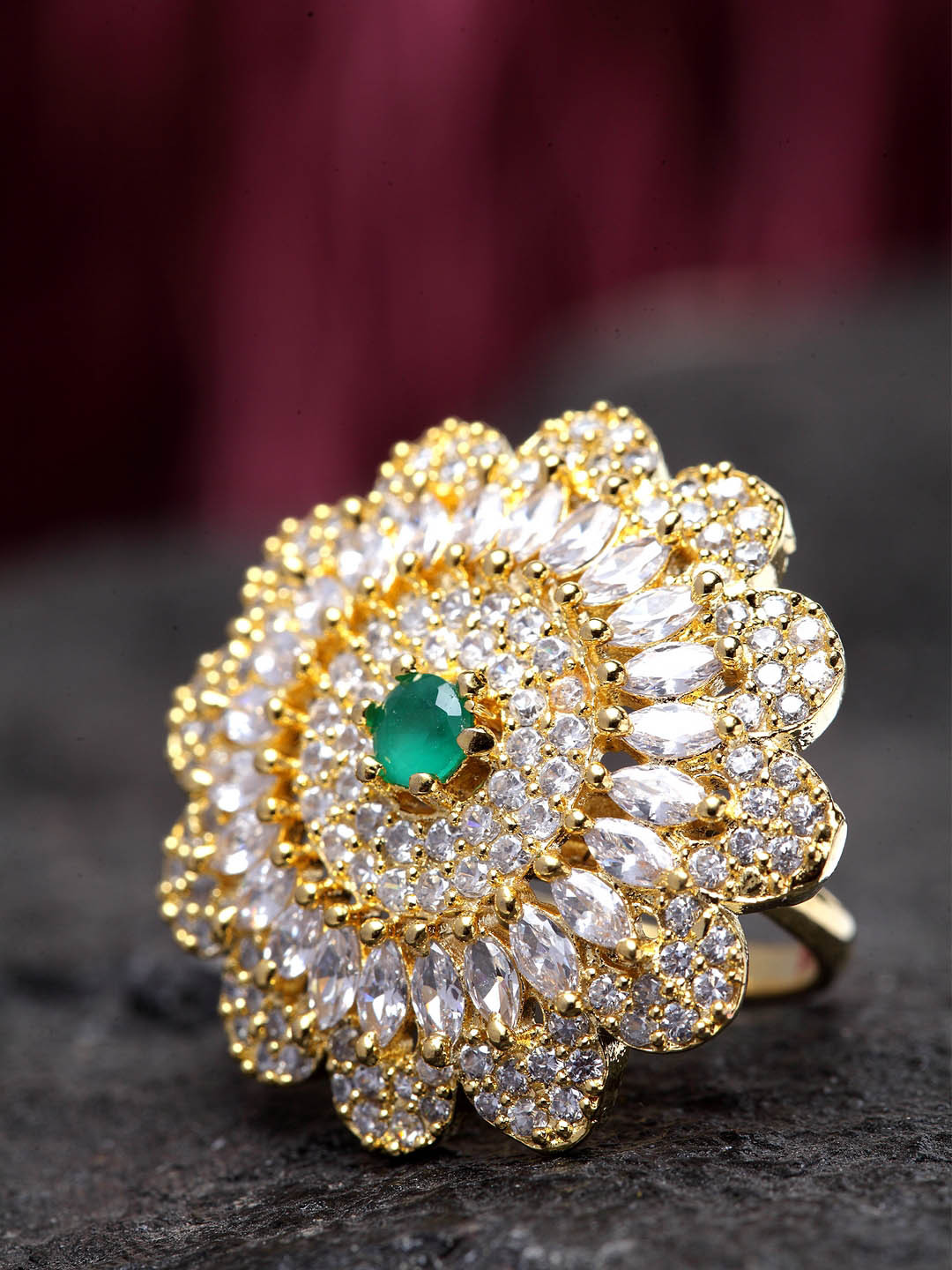 Bhana Fashion Gold-Plated White & GreenHandcrafted Finger Ring