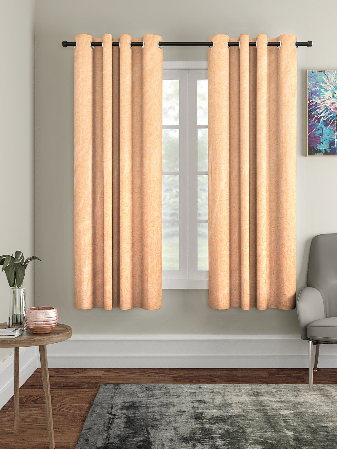 Cortina Set of 2 Cream-Coloured Embossed Leaf Print Polyester Window Curtains