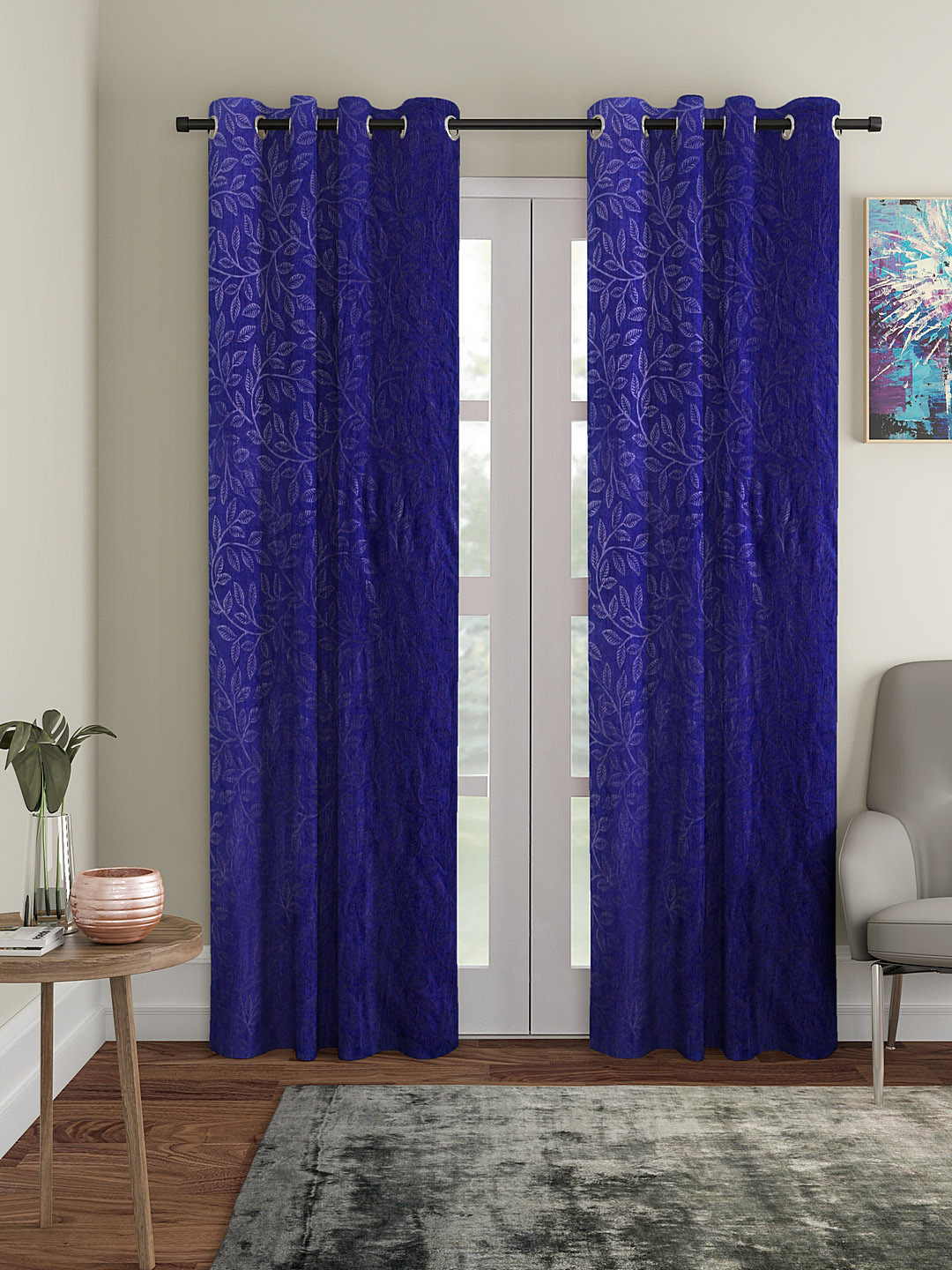 Cortina Navy Blue Set of 2 Embossed Leaf Print Long Door Curtains