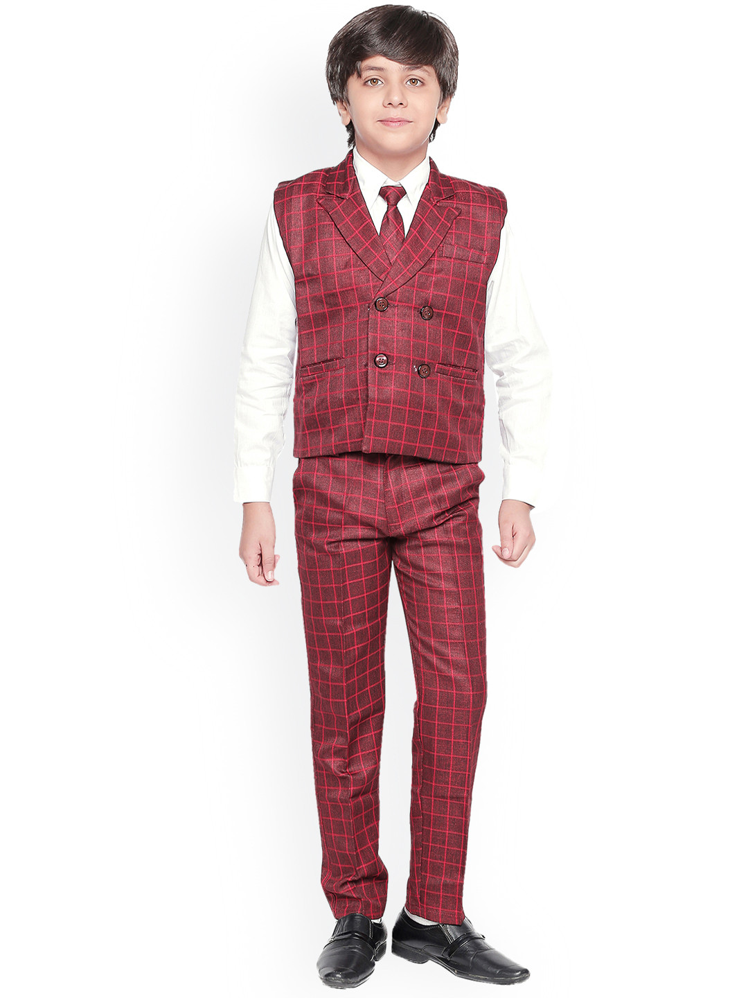 Jeetethnics Boys Maroon Checked Shirt with Trousers & Waist Coat