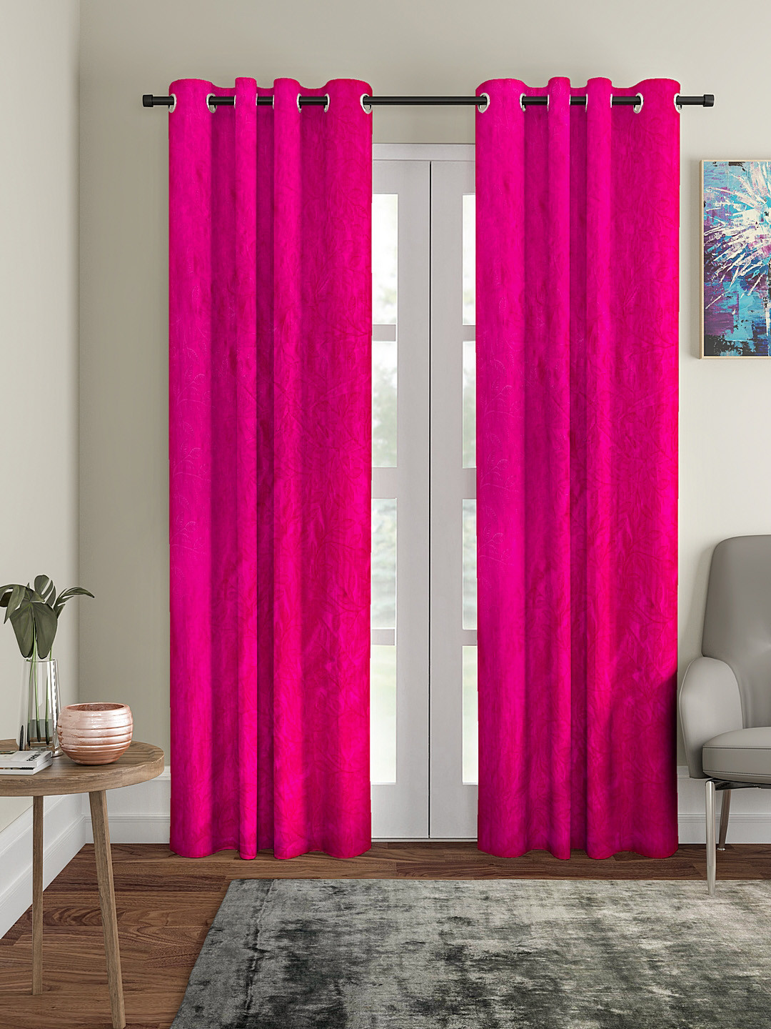 Cortina Set of 2 Hot Pink Embossed Leaf Print Polyester Long Door Curtains
