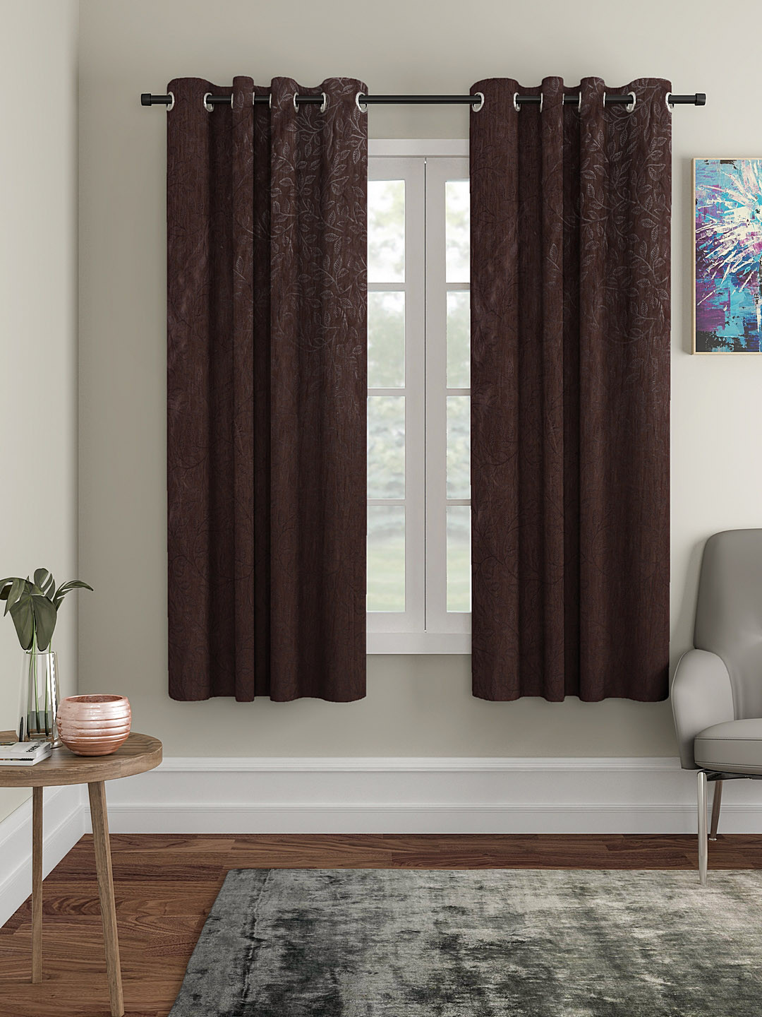 Cortina Coffee Brown Set of 2 Embossed Leaf Print Window Curtains