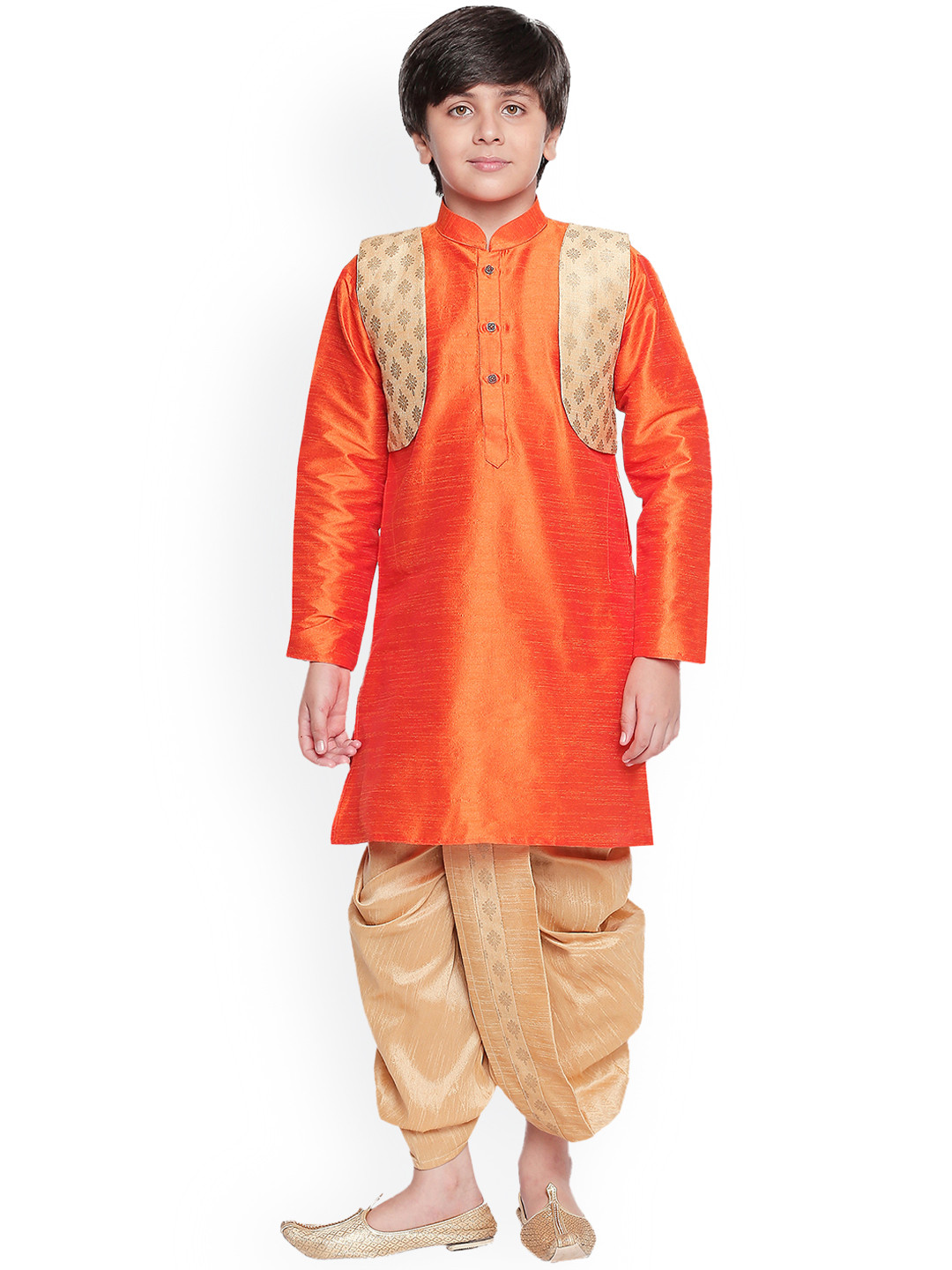 Jeetethnics Boys Orange & Gold-Toned Solid Kurta with Dhoti Pants