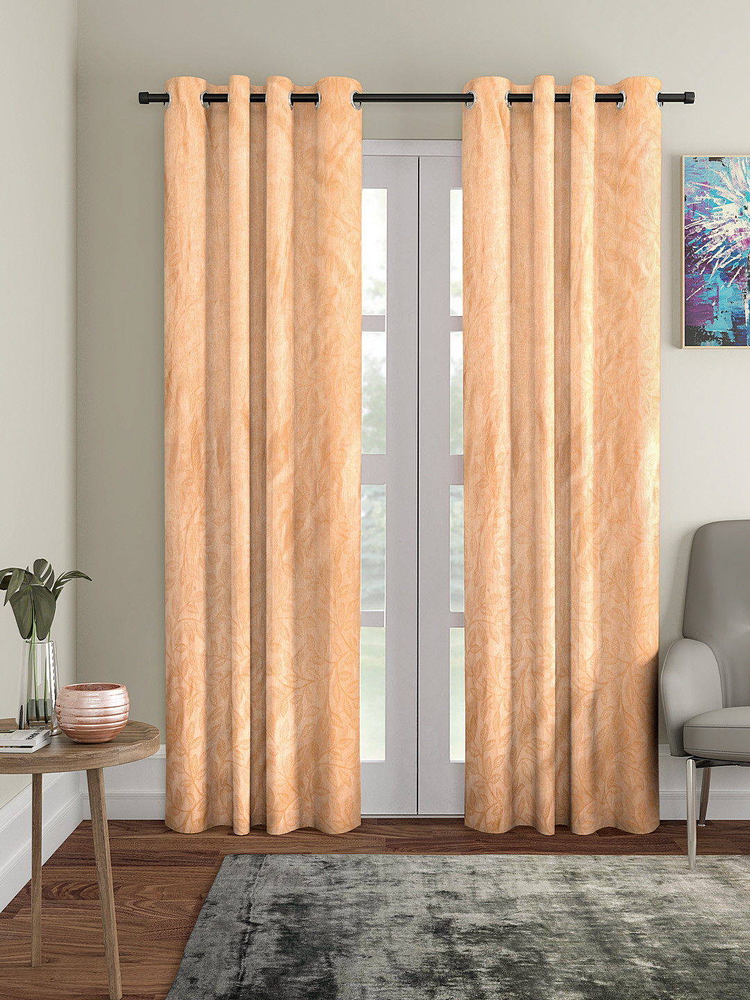 Cortina Set of 2 Cream-Coloured Embossed Leaf Print Polyester Long Door Curtains