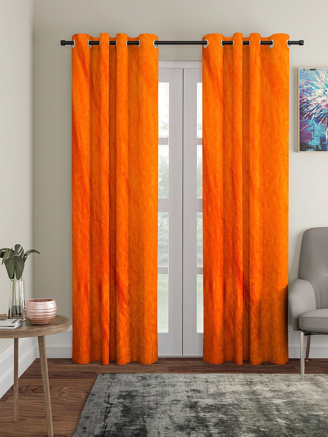 Cortina Set of 2 Orange Embossed Leaf Print Polyester Door Curtains