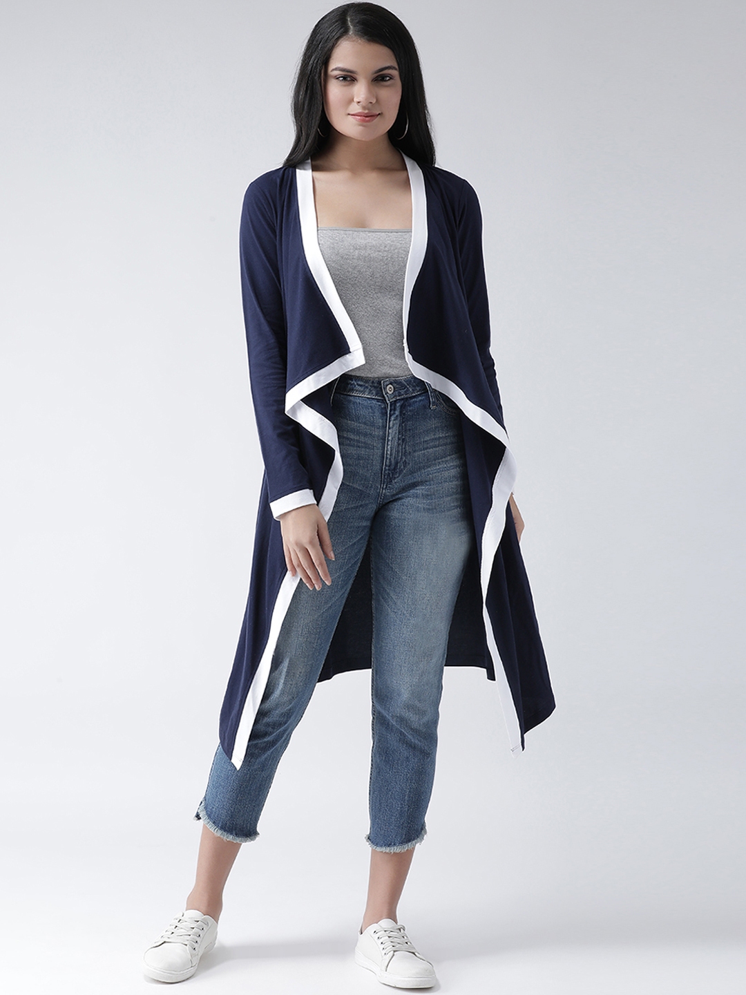 Texco Women Navy Blue White Solid Open Front Shrug