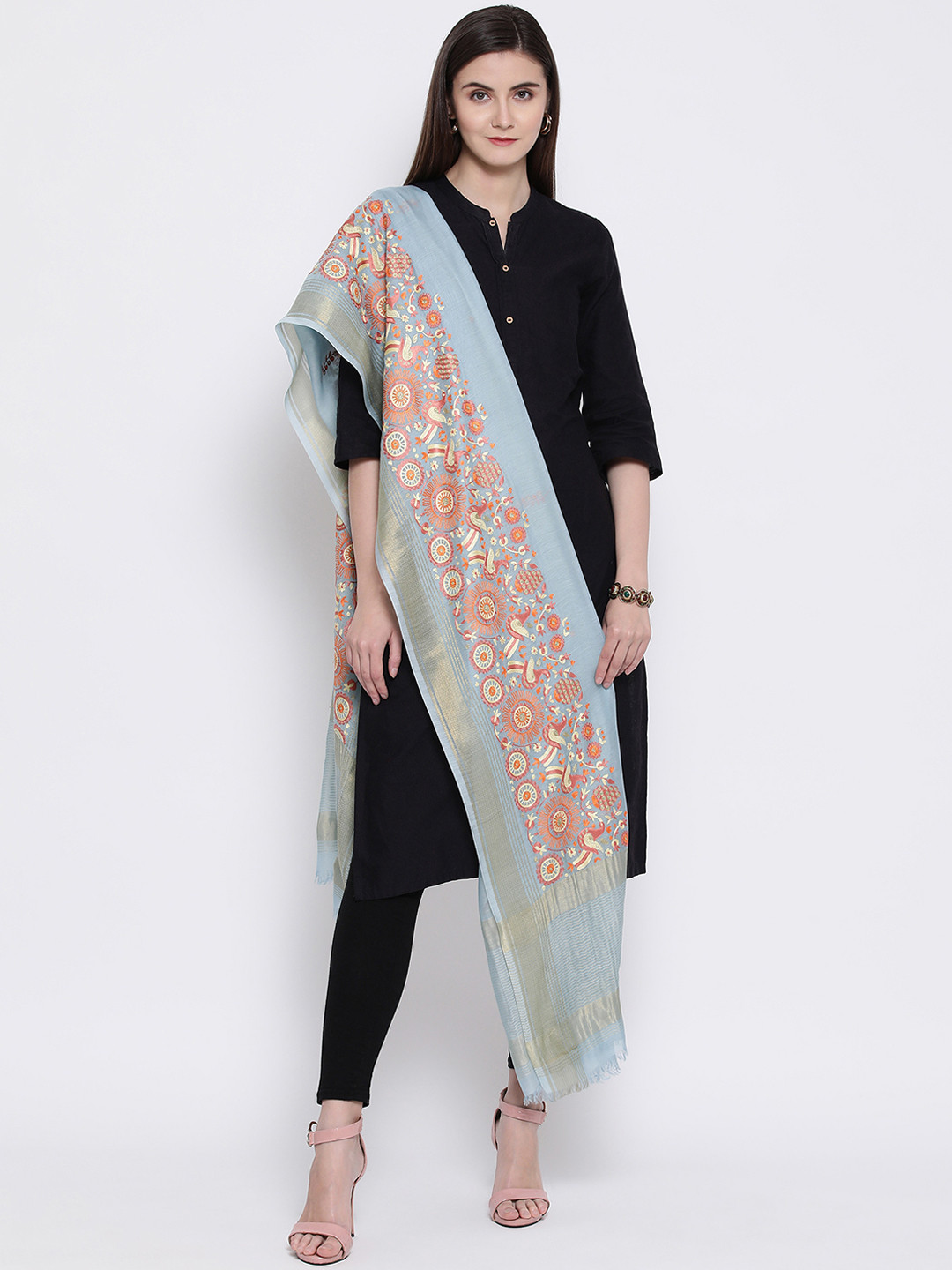 SHINGORA Blue & Gold-Toned Embroidered Antimicrobial Dupatta