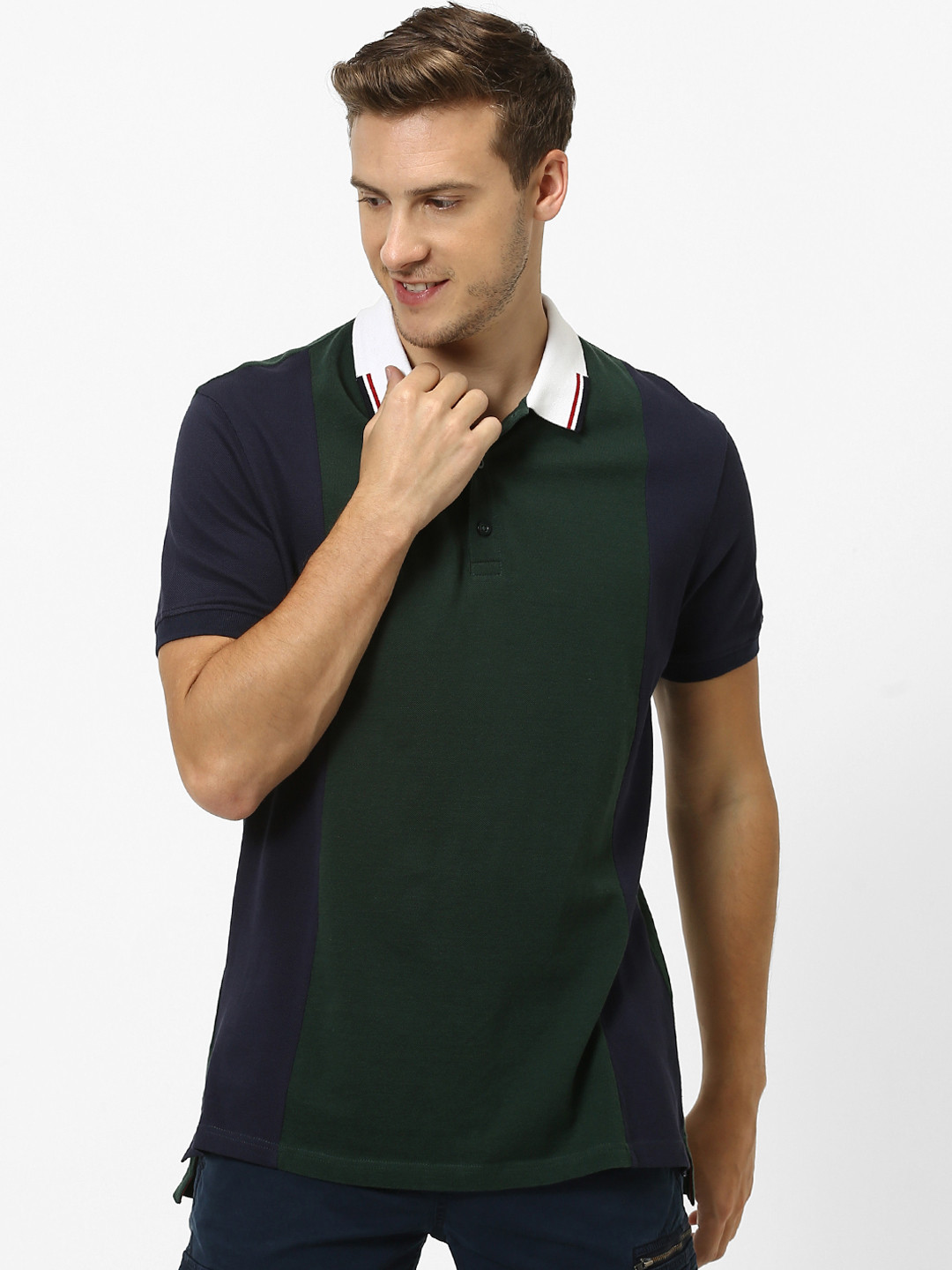 Celio Men Green Colourblocked Polo Collar T-shirt