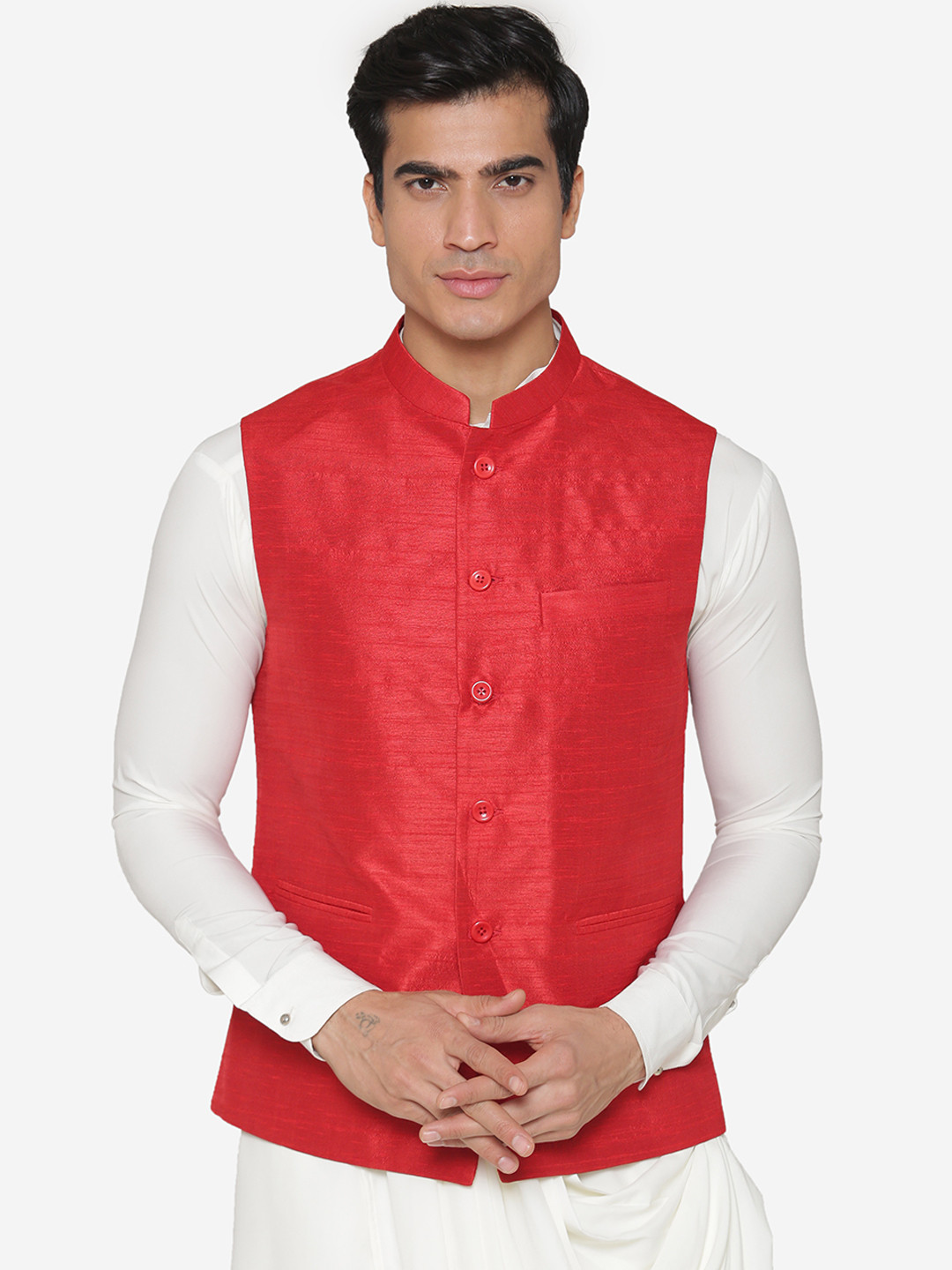MANQ Men Red Solid Nehru Jacket