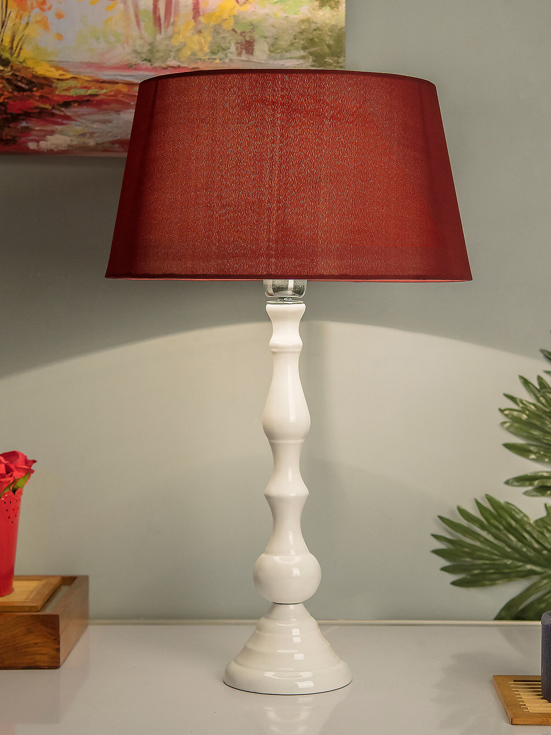 Homesake Set of 2 Red Solid Handcrafted Frustum Bedside Lamps