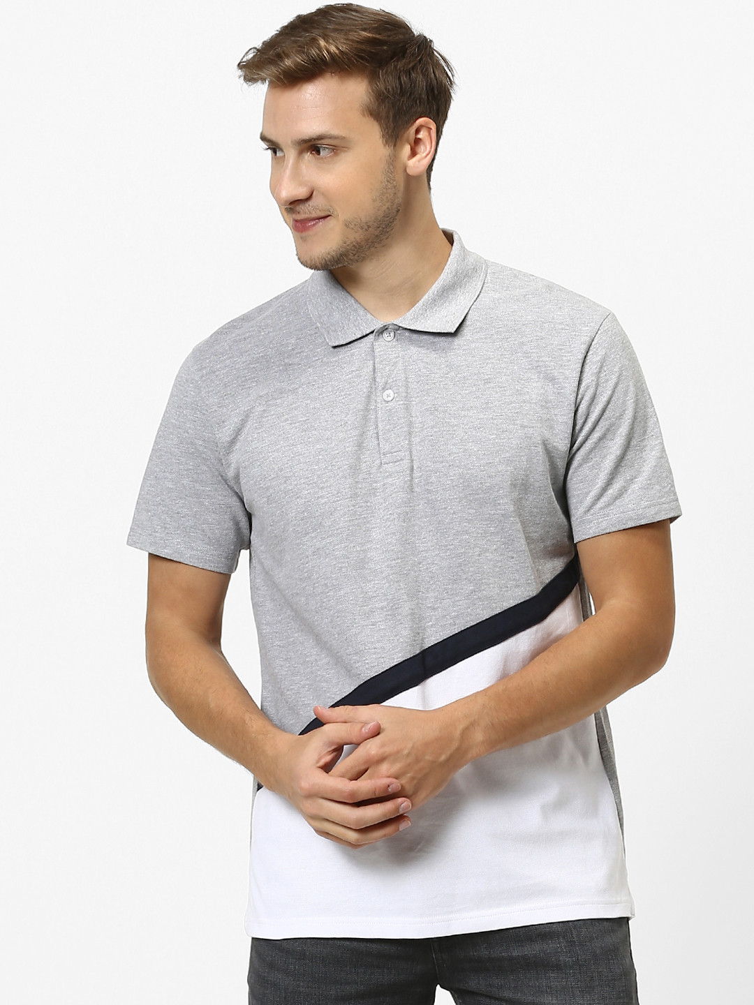 Celio Men Grey & White Colourblocked Polo Collar T-shirt