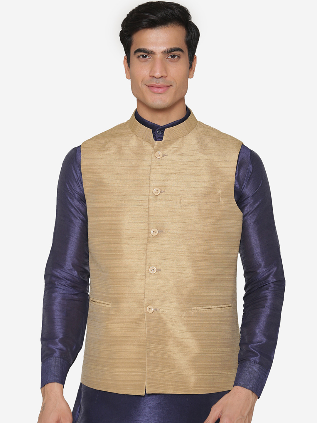 MANQ Men Beige Solid Nehru Jacket