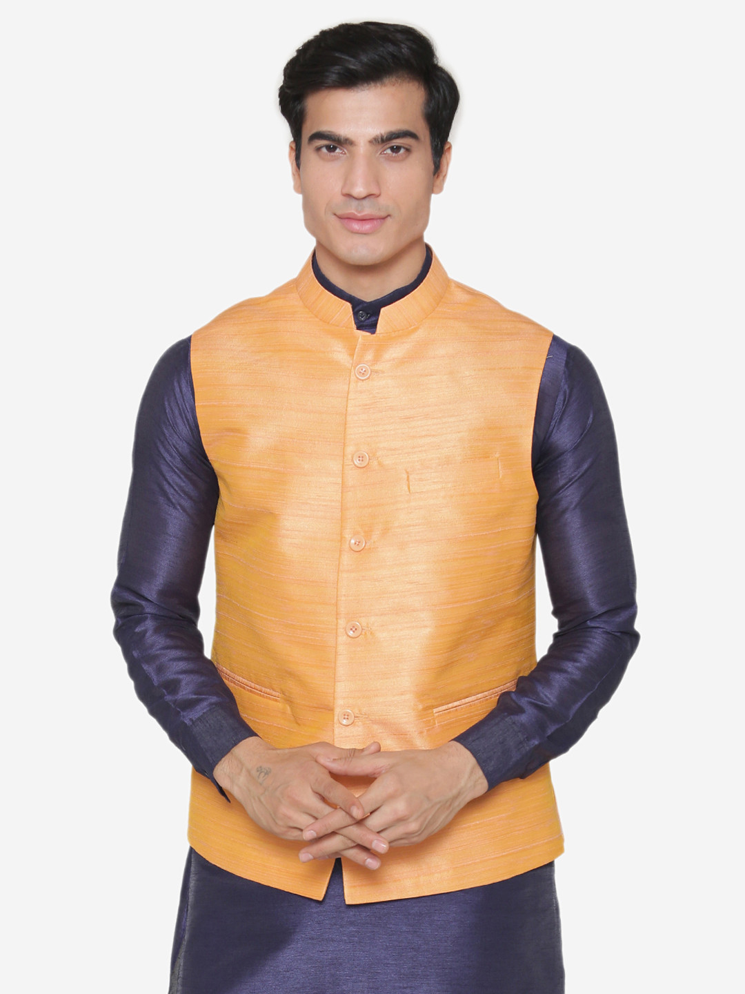 MANQ Men Orange Solid Nehru Jacket