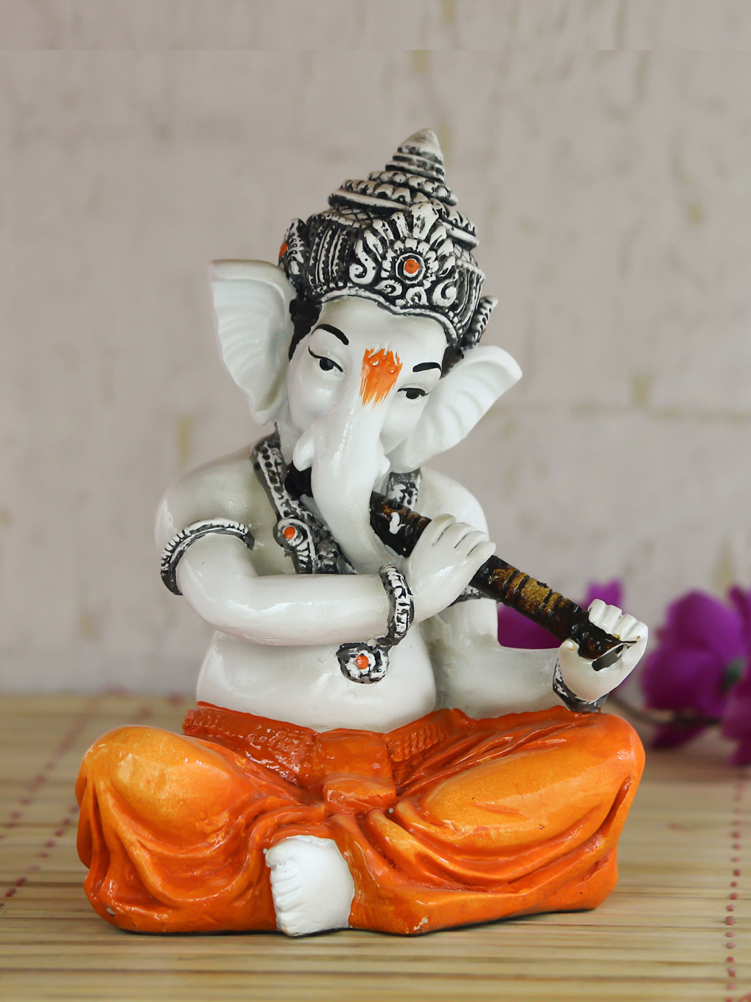 eCraftIndia Lord Ganesha Playing Flute White Ceramic Glossy Prayer Room Medium Showpiece - 7.1 Inches