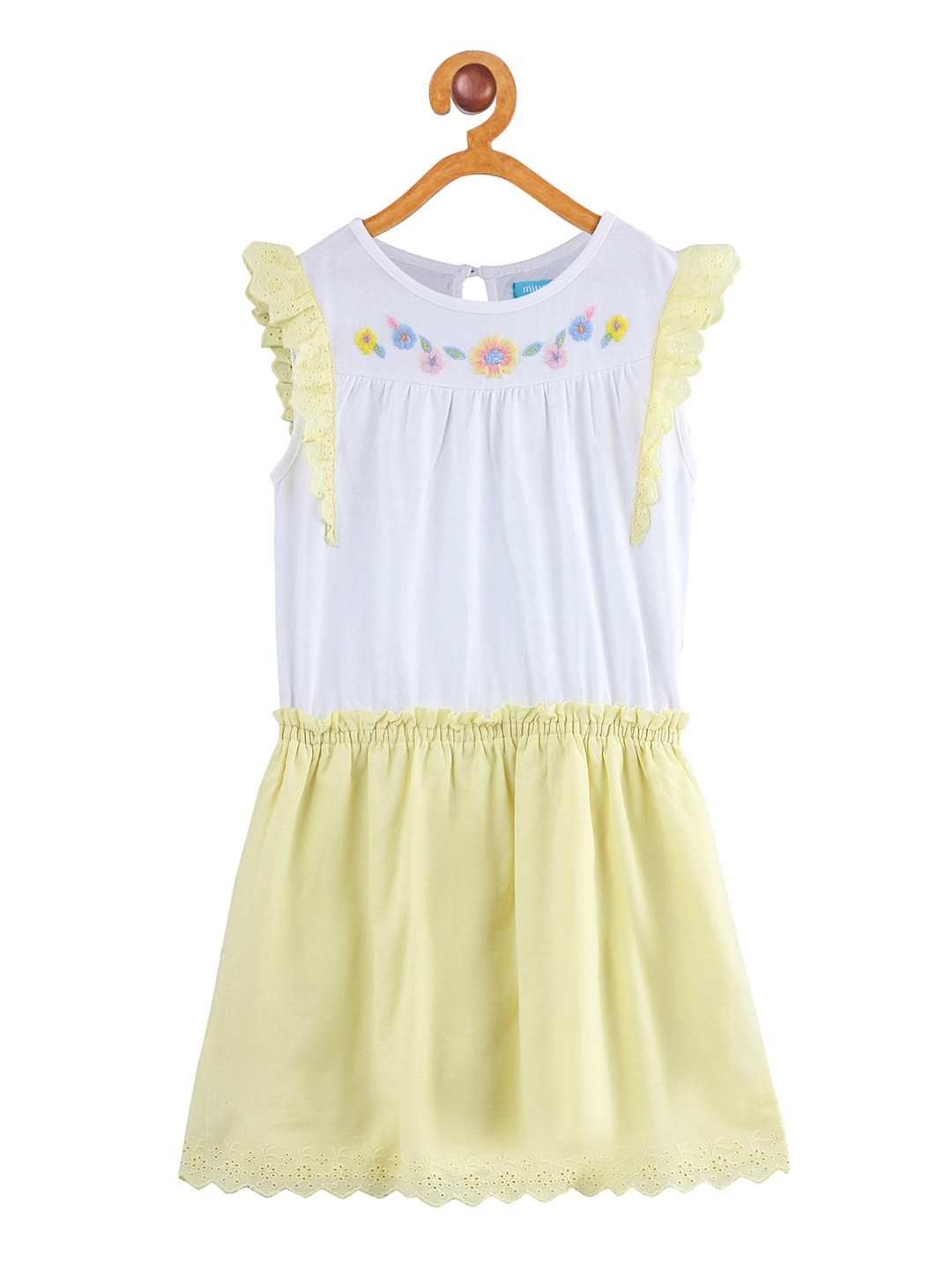 Miyo Girls White & Yellow Colourblocked Fit and Flare Dress