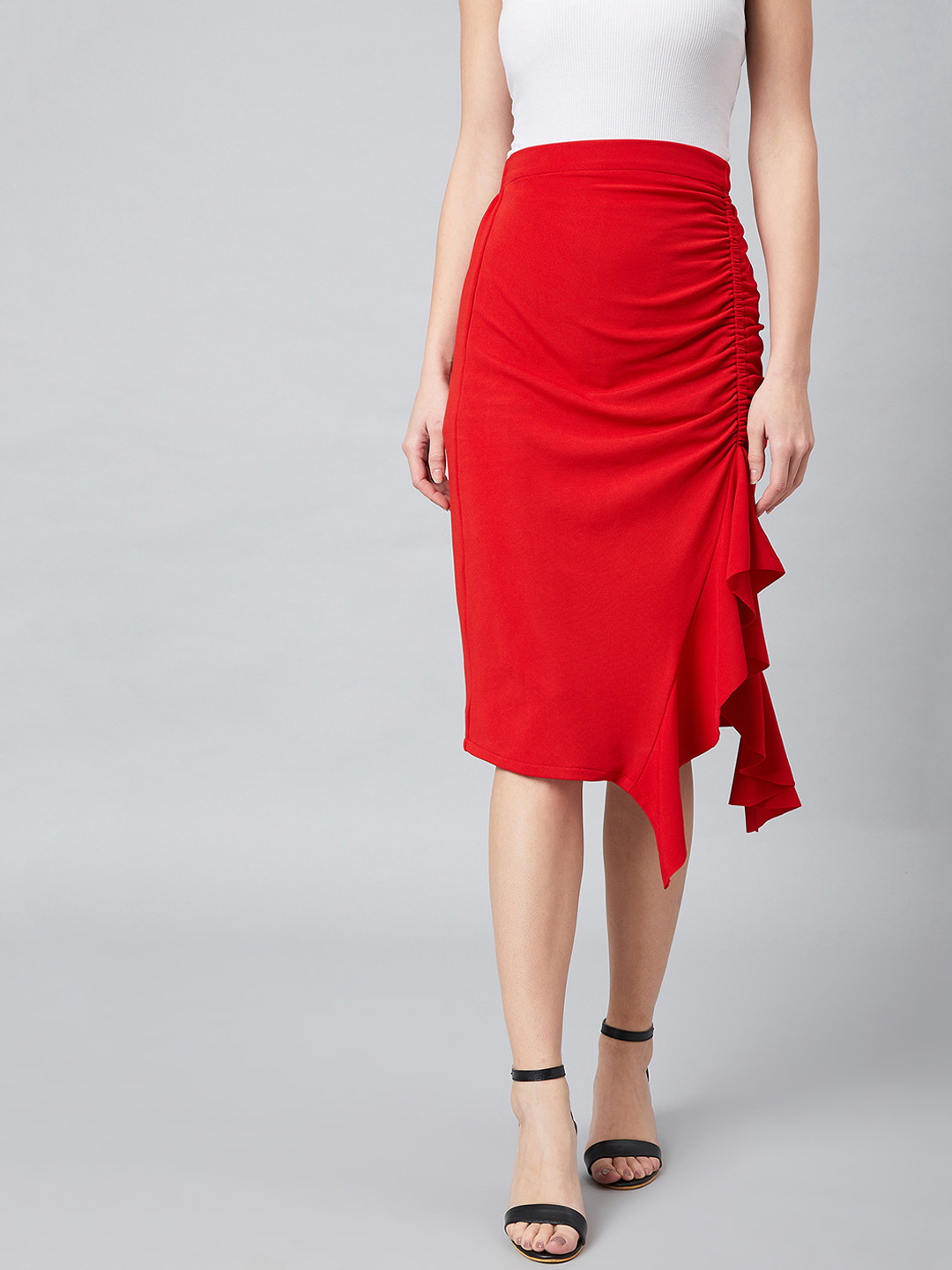 Athena Women Red Solid A-Line Midi Skirt With Front Frill Detail