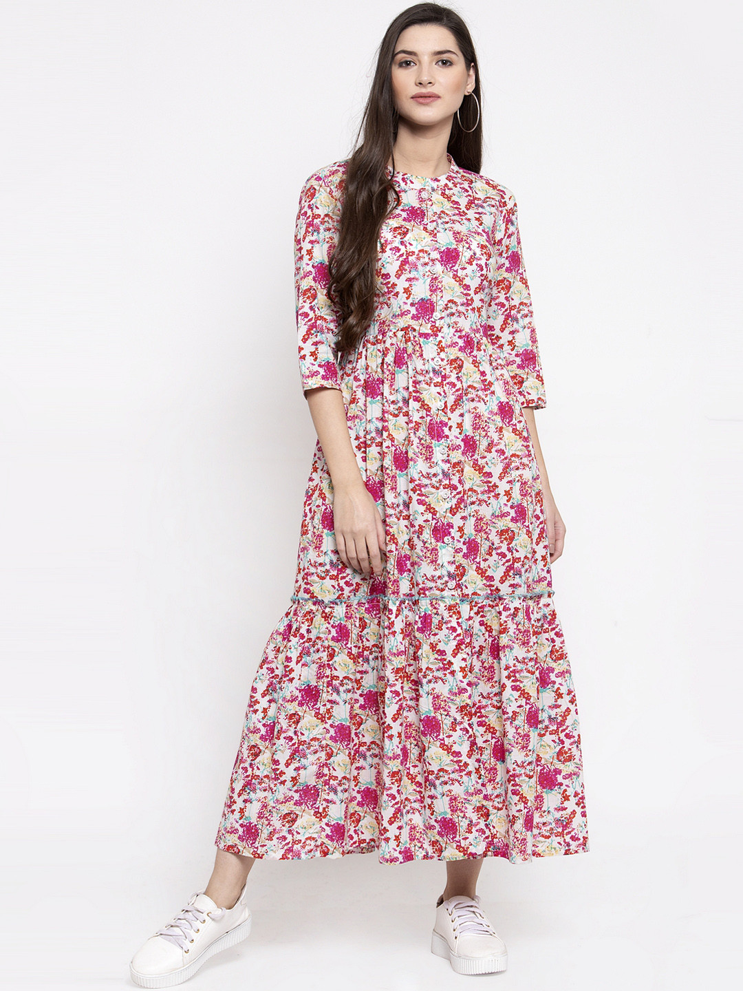 Indibelle Women Pink & White Printed Fit and Flare Dress