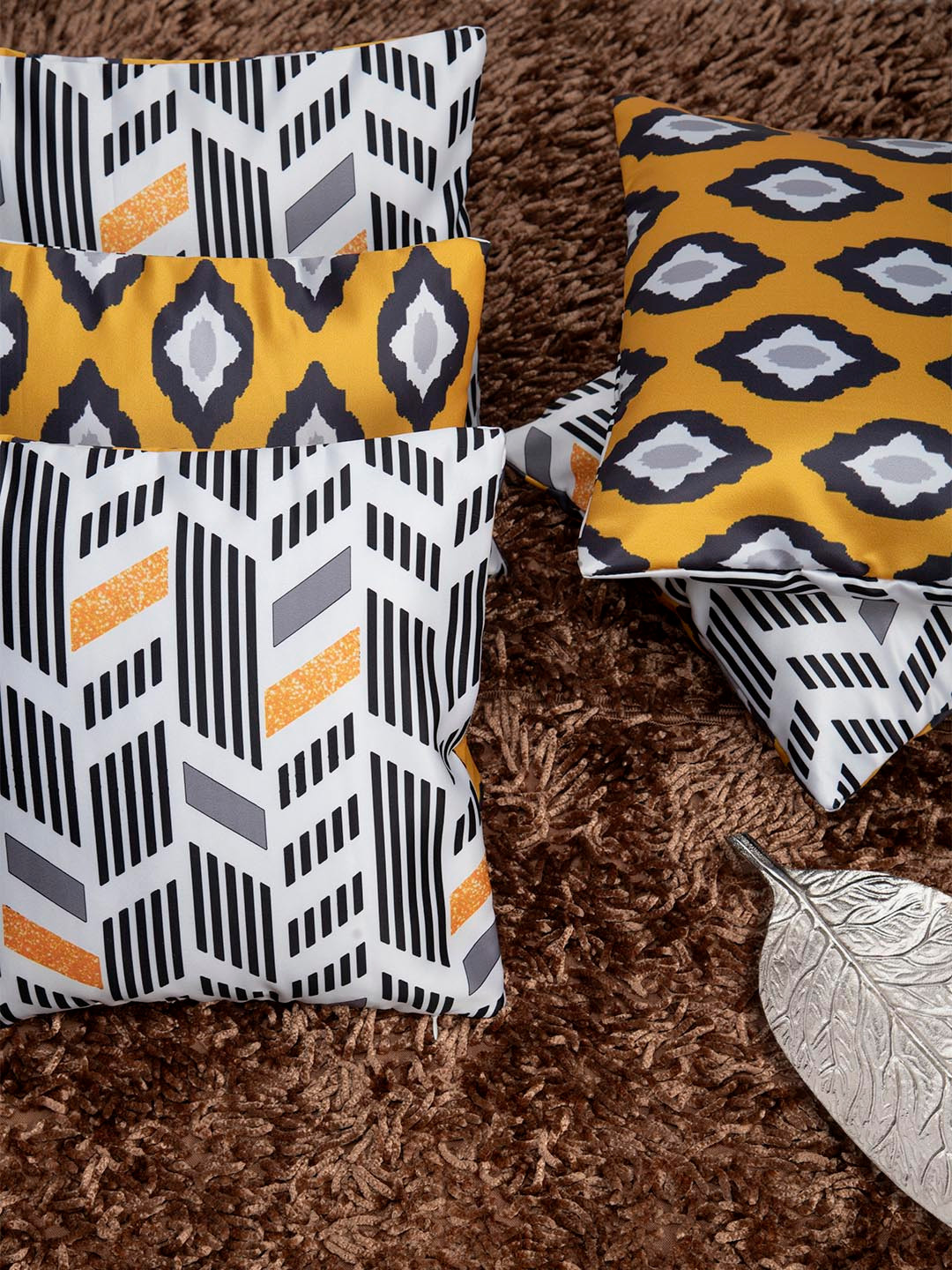 HOUZZCODE Mustard Yellow & Off-White Set of 5 Geometric Square Cushion Covers