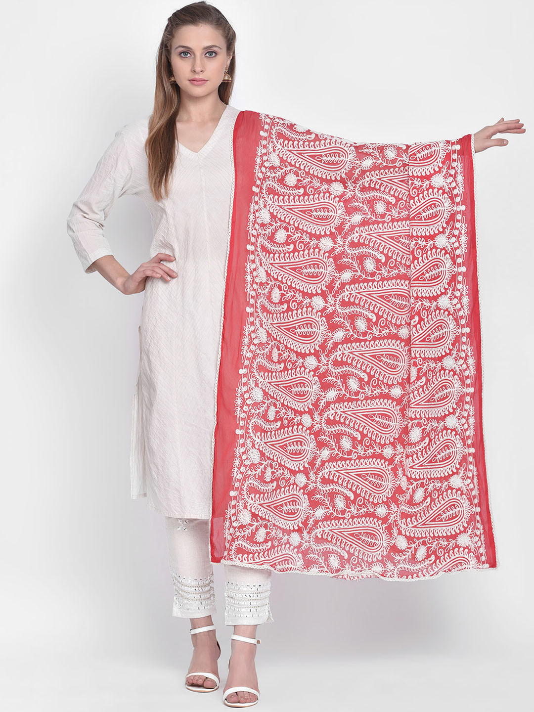 Dupatta Bazaar Woman Red & White Embroidered Chiffon Dupatta