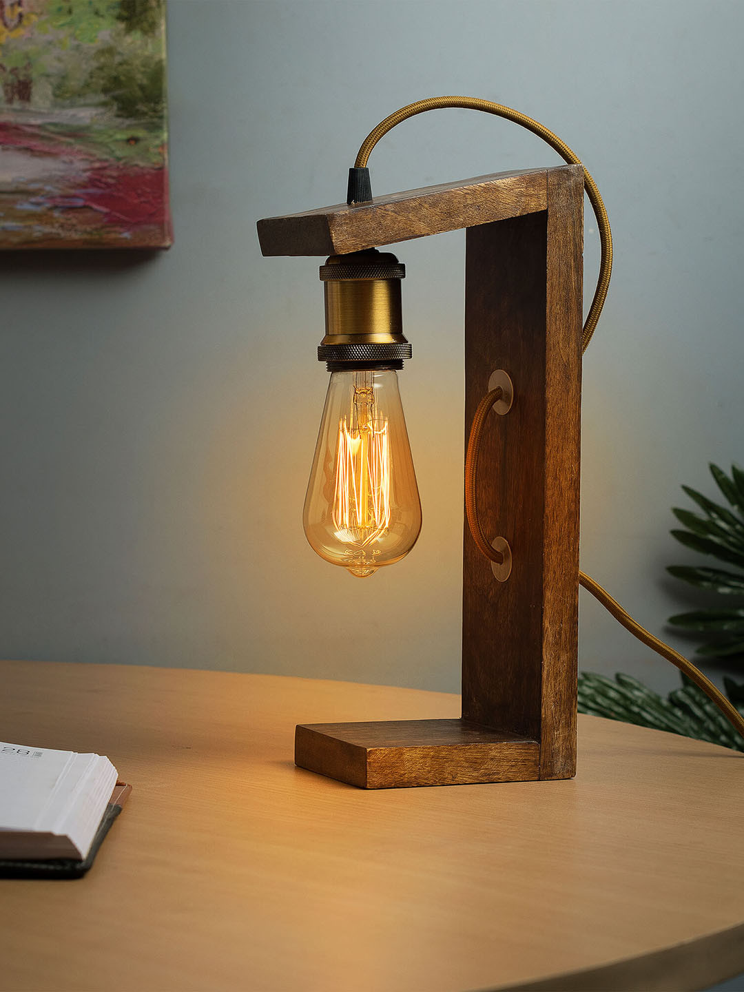 Homesake Brown Solid Handcrafted Wooden Table Lamp