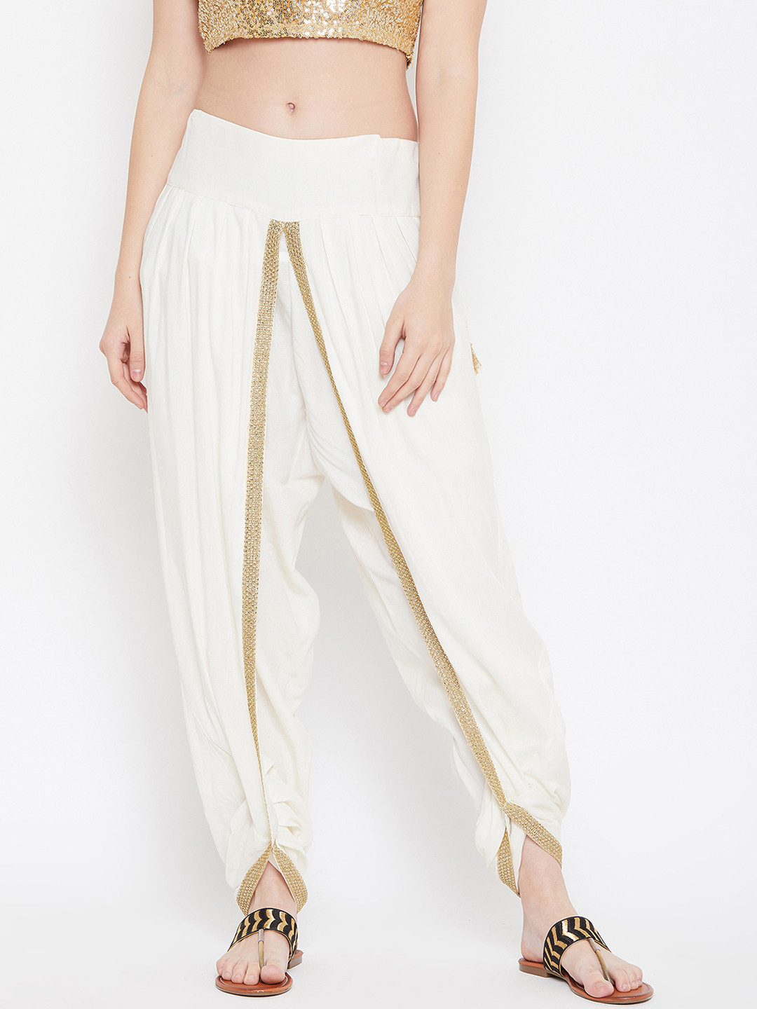 9rasa Women Off White Embellished Dhoti Pants
