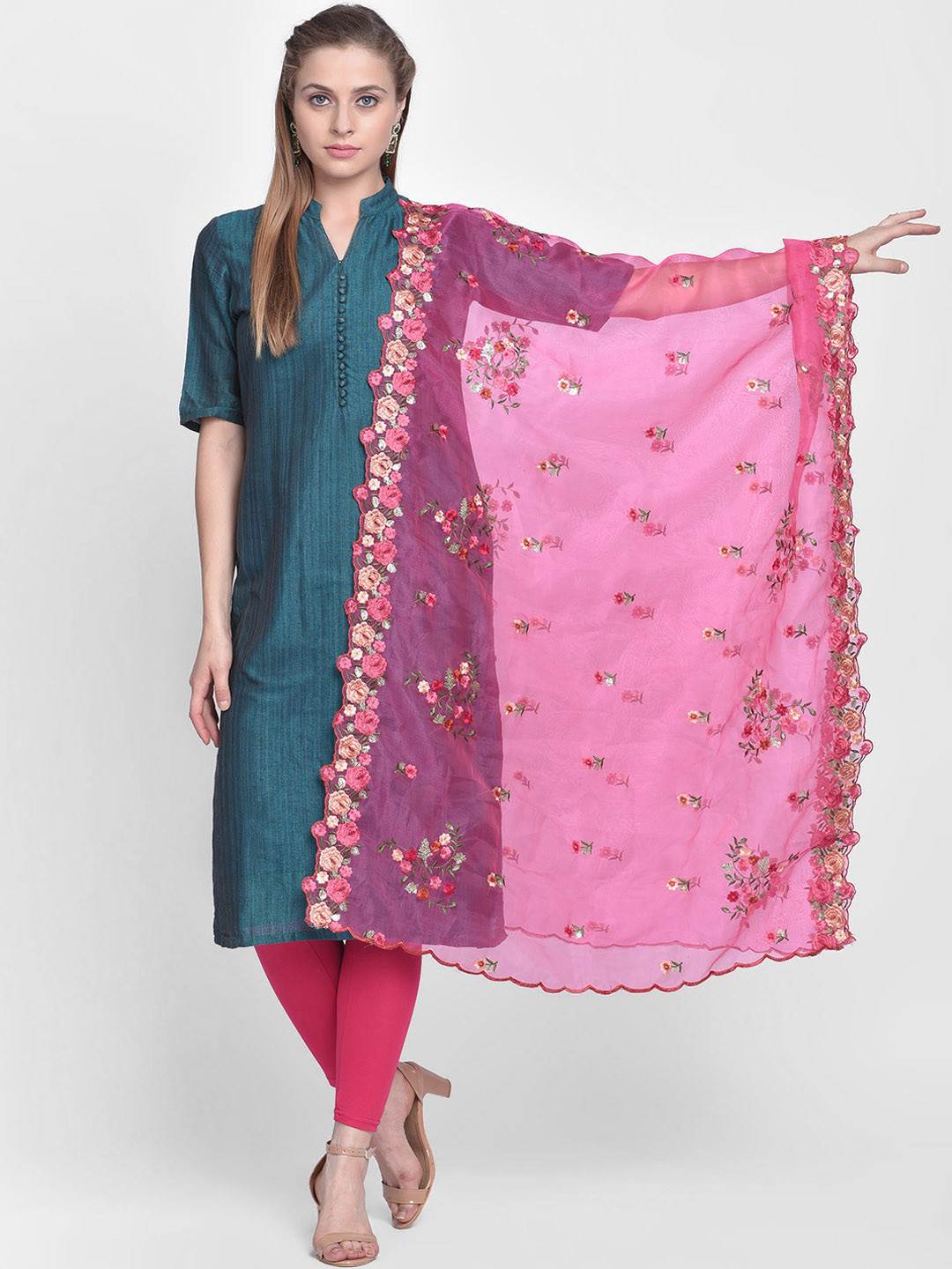Dupatta Bazaar Pink & Green Embroidered Organza Dupatta