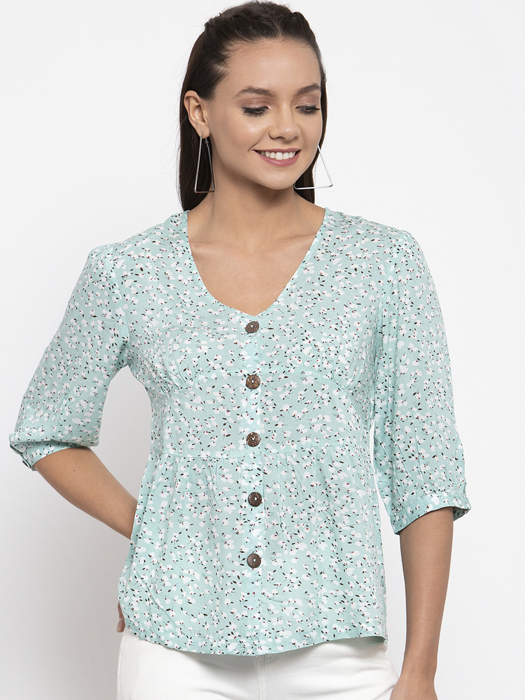 Gipsy Women Sea Green & White Printed Shirt Style Top