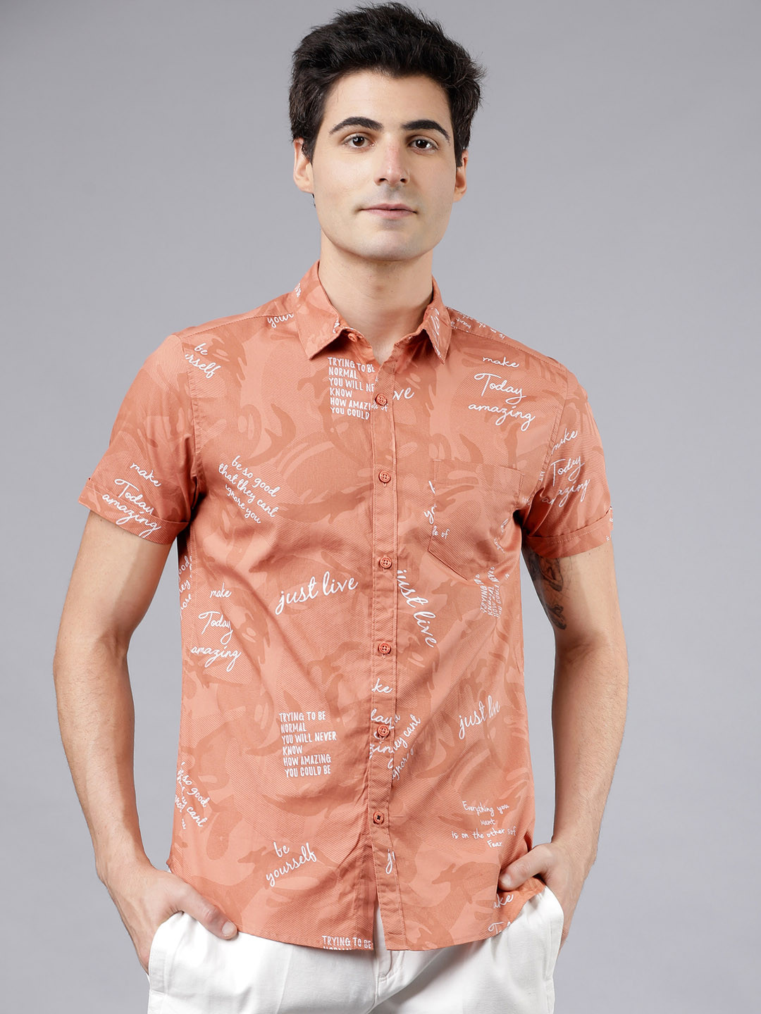 HIGHLANDER Men Peach-Coloured Slim Fit Printed Casual Shirt