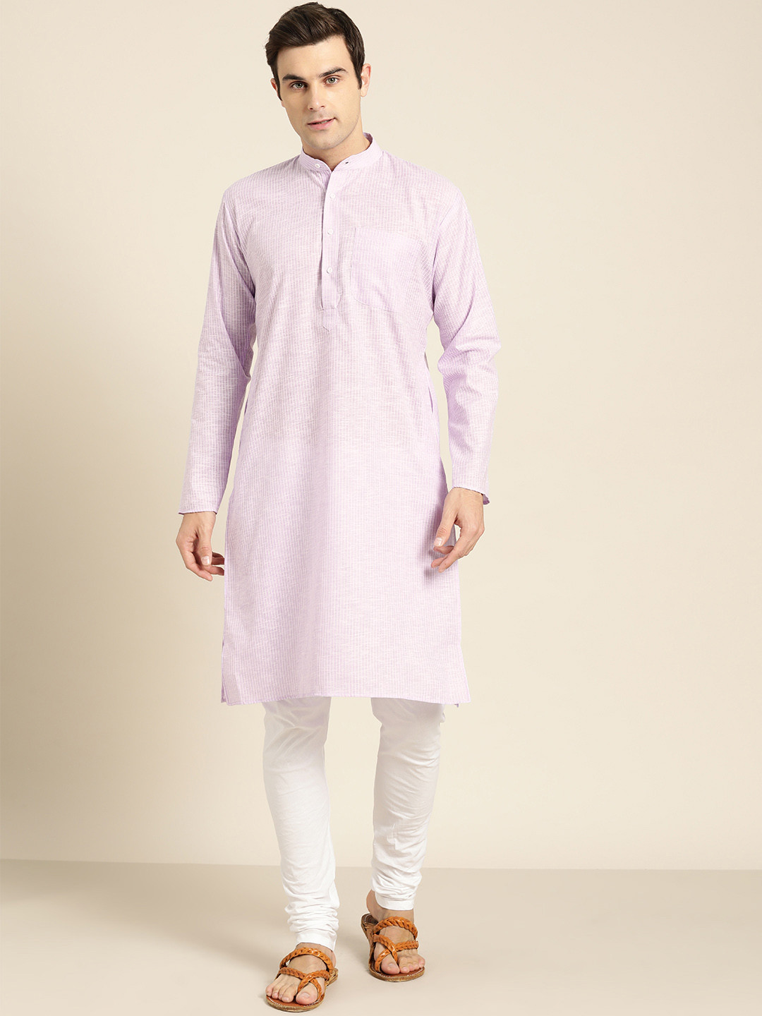 SOJANYA Men Lavender & White Striped Kurta with Churidar