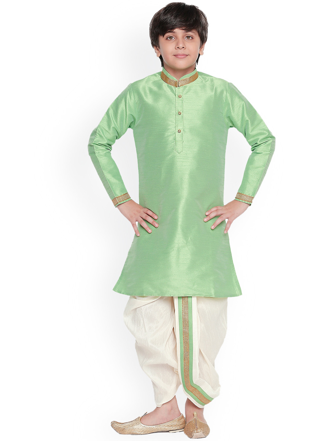 Jeetethnics Boys Green & Off-White Solid Panchakattu
