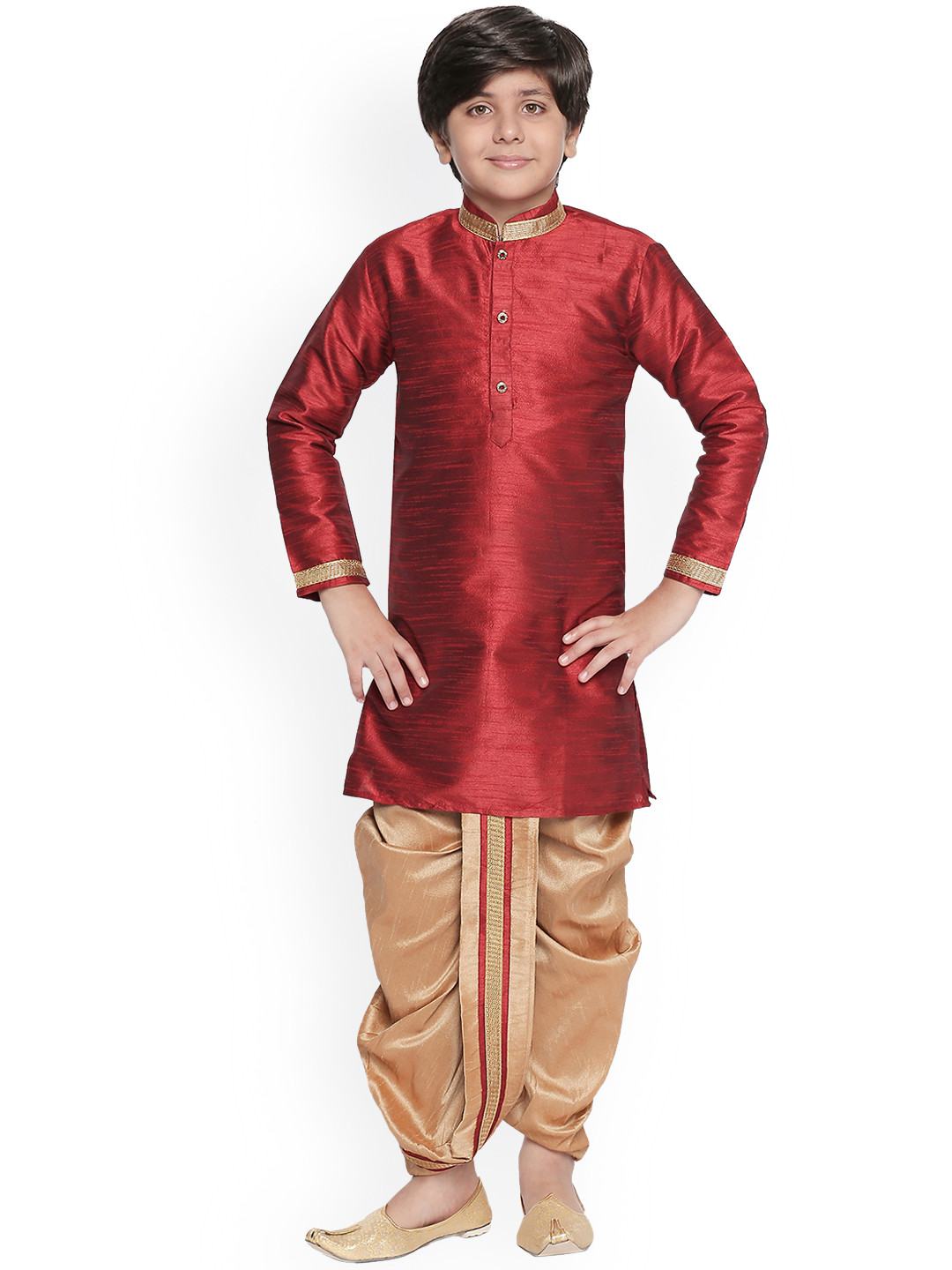 Jeetethnics Boys Maroon & Beige Solid Kurta with Dhoti Pants