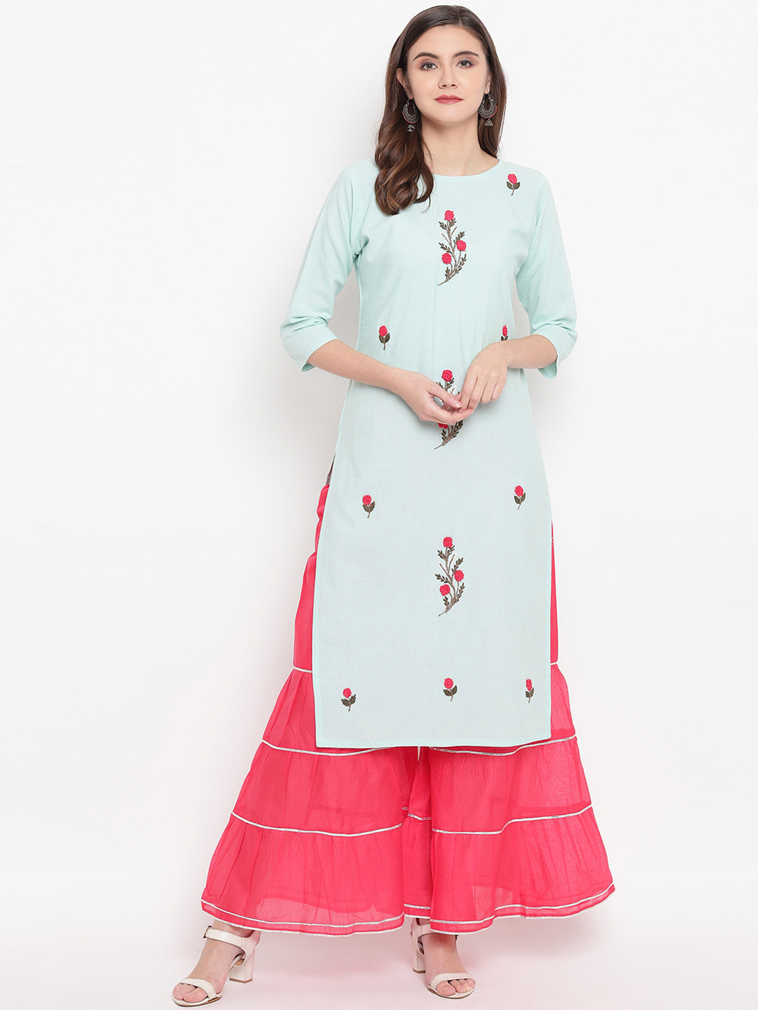 Kvsfab Women Sea Green & Pink Embroidered Kurta with Sharara
