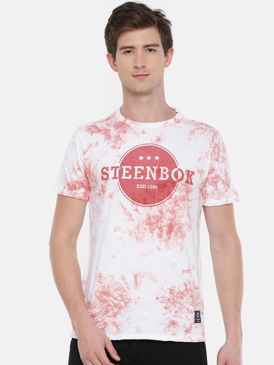 Steenbok Men White & Red Dyed Round Neck T-shirt