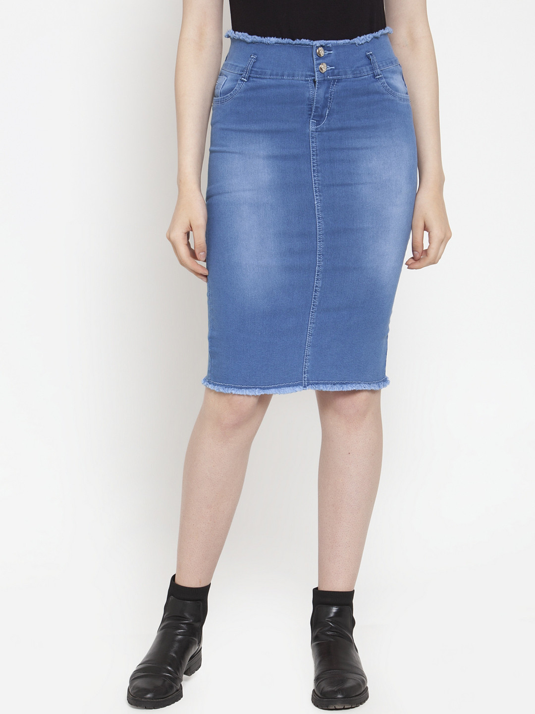 Purple Feather Blue Straight High Waist Denim Stretchable Skirt