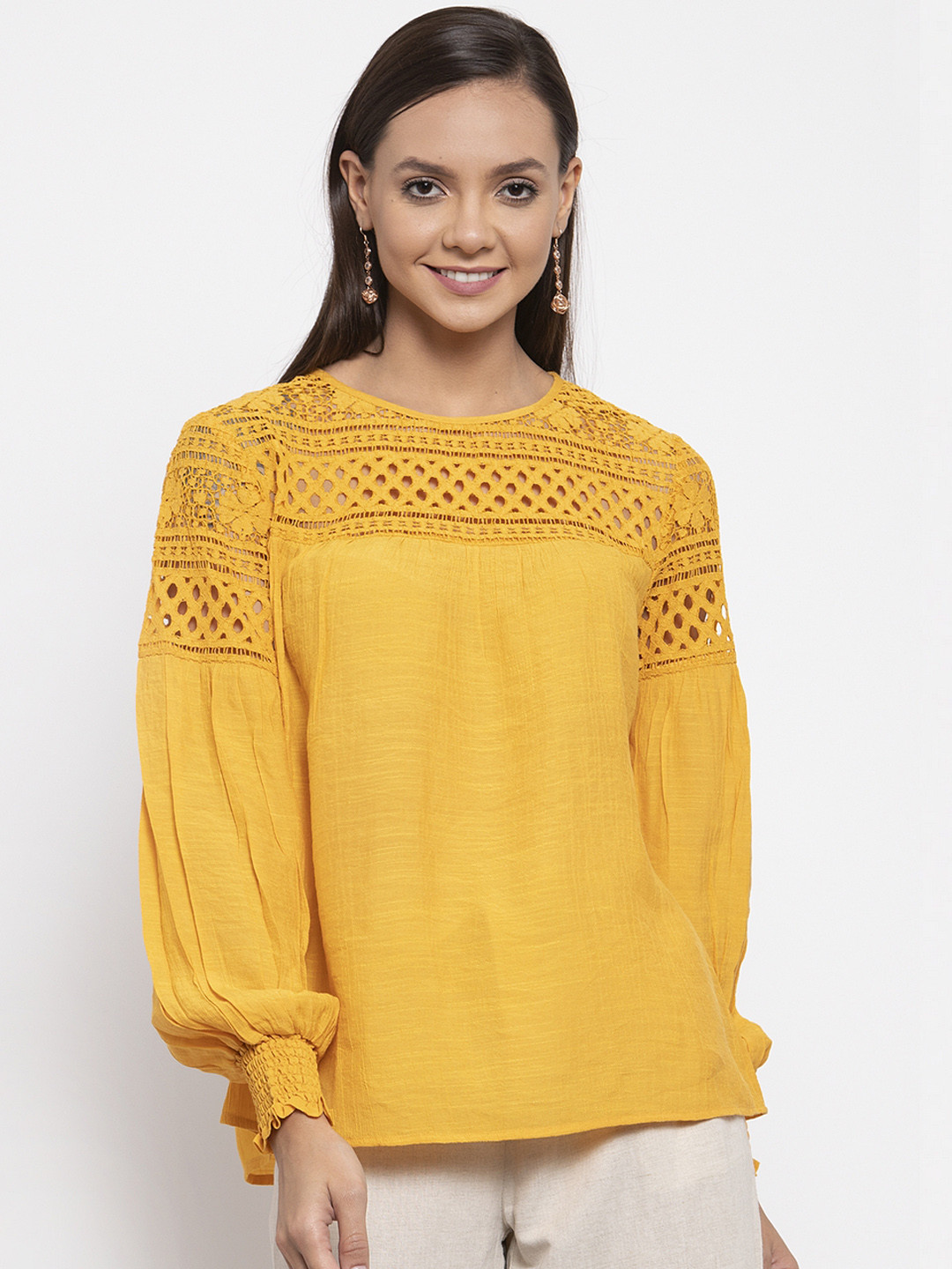 Gipsy Women Mustard Yellow Self Design A-Line Top