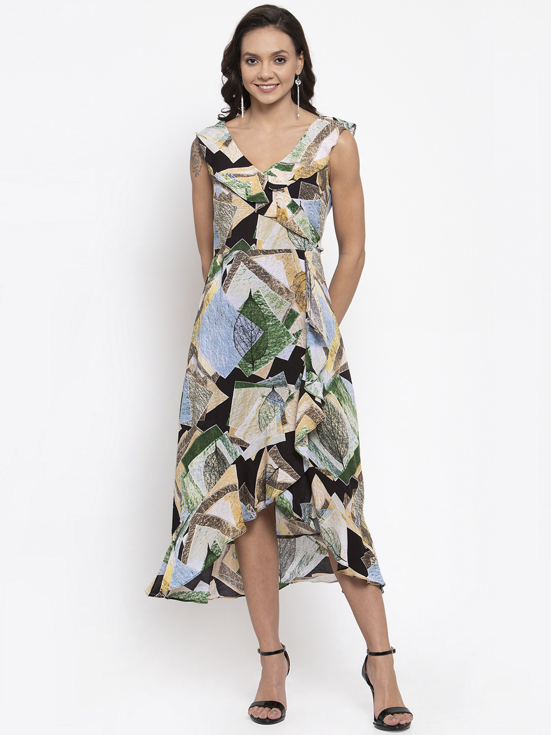 Gipsy Women Green & Blue Printed Wrap Dress