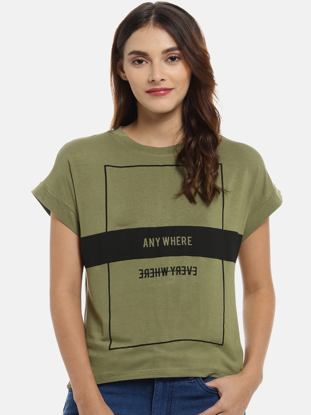 Campus Sutra Women Olive Green Printed Top