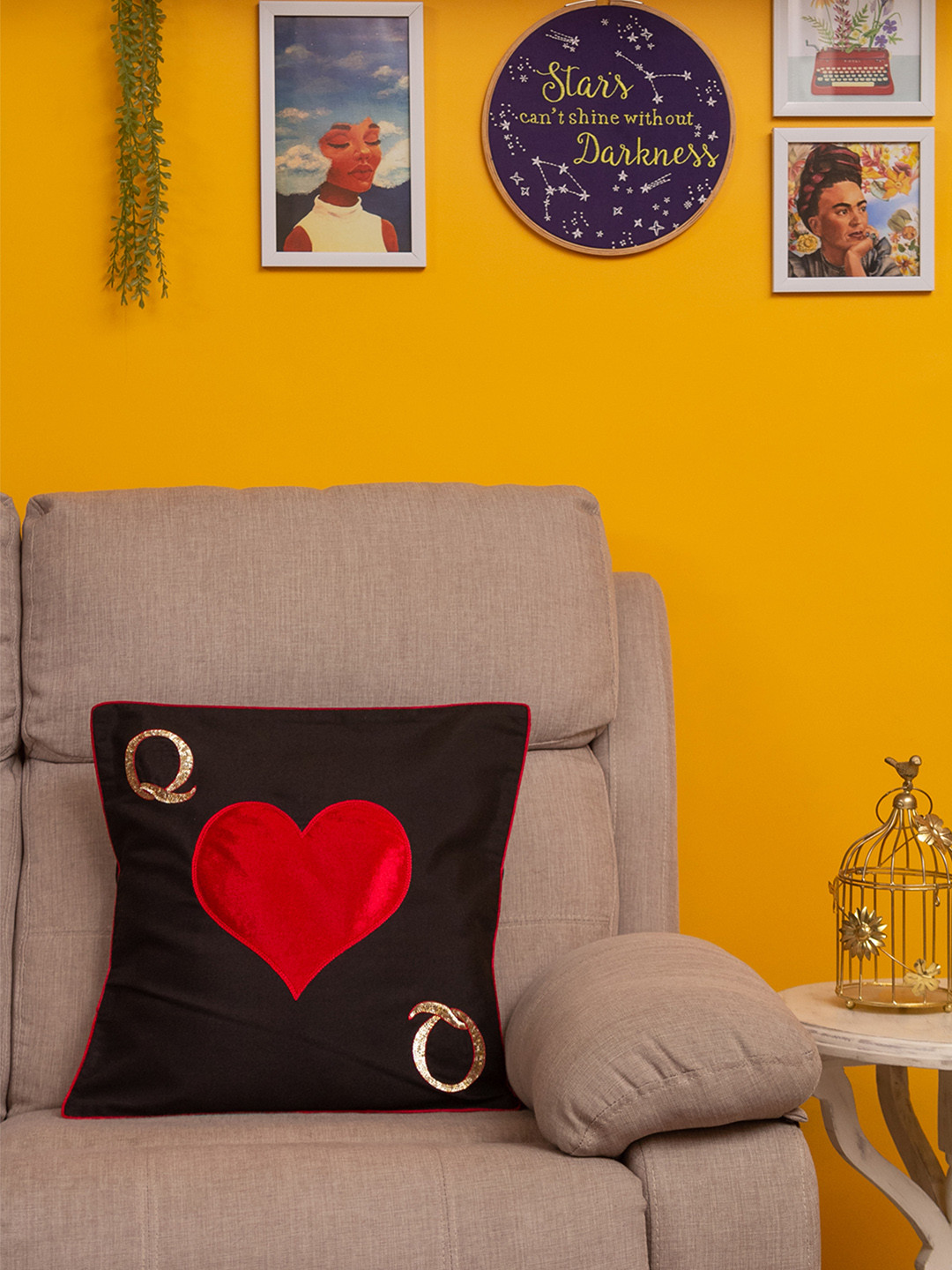 BandBox Black Quirky Cotton Breathable Embellished Square Cushion Cover - 15.7x15.7In