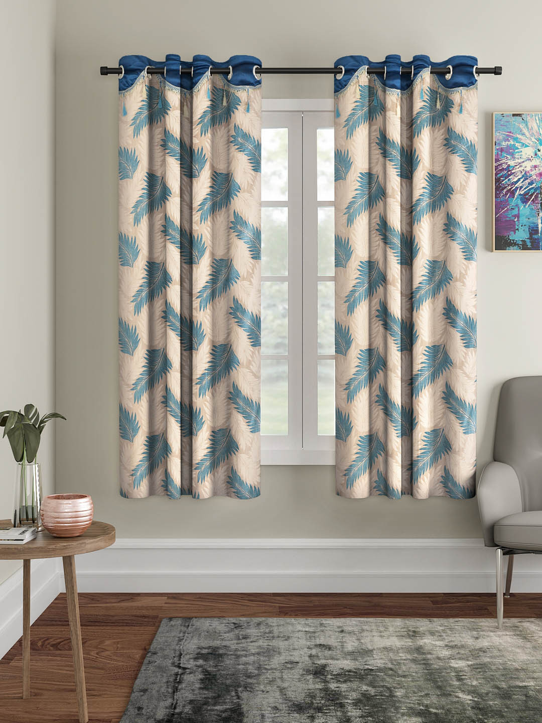 Cortina Blue & Cream-Coloured Set of 2 Window Curtains