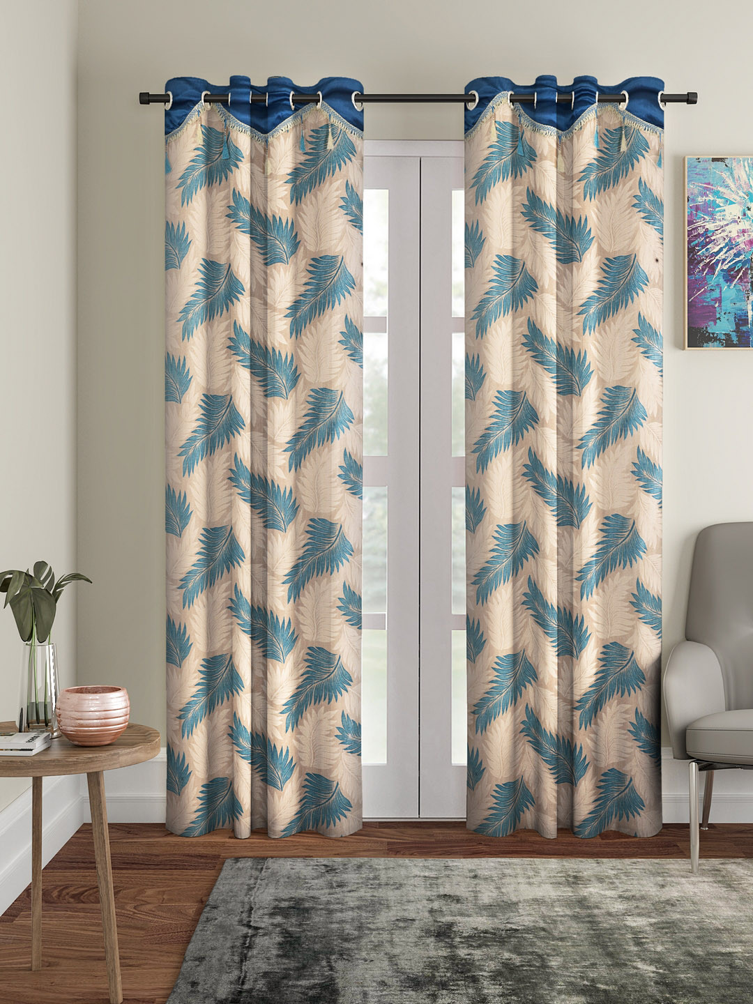 Cortina Blue & Cream-Coloured Set of 2 Long Door Curtains