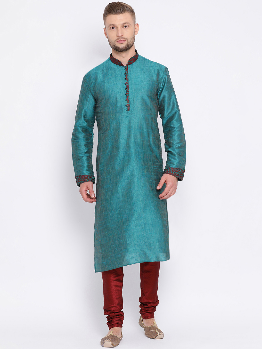 Sanwara  Men Green & Maroon Solid Kurta with Churidar