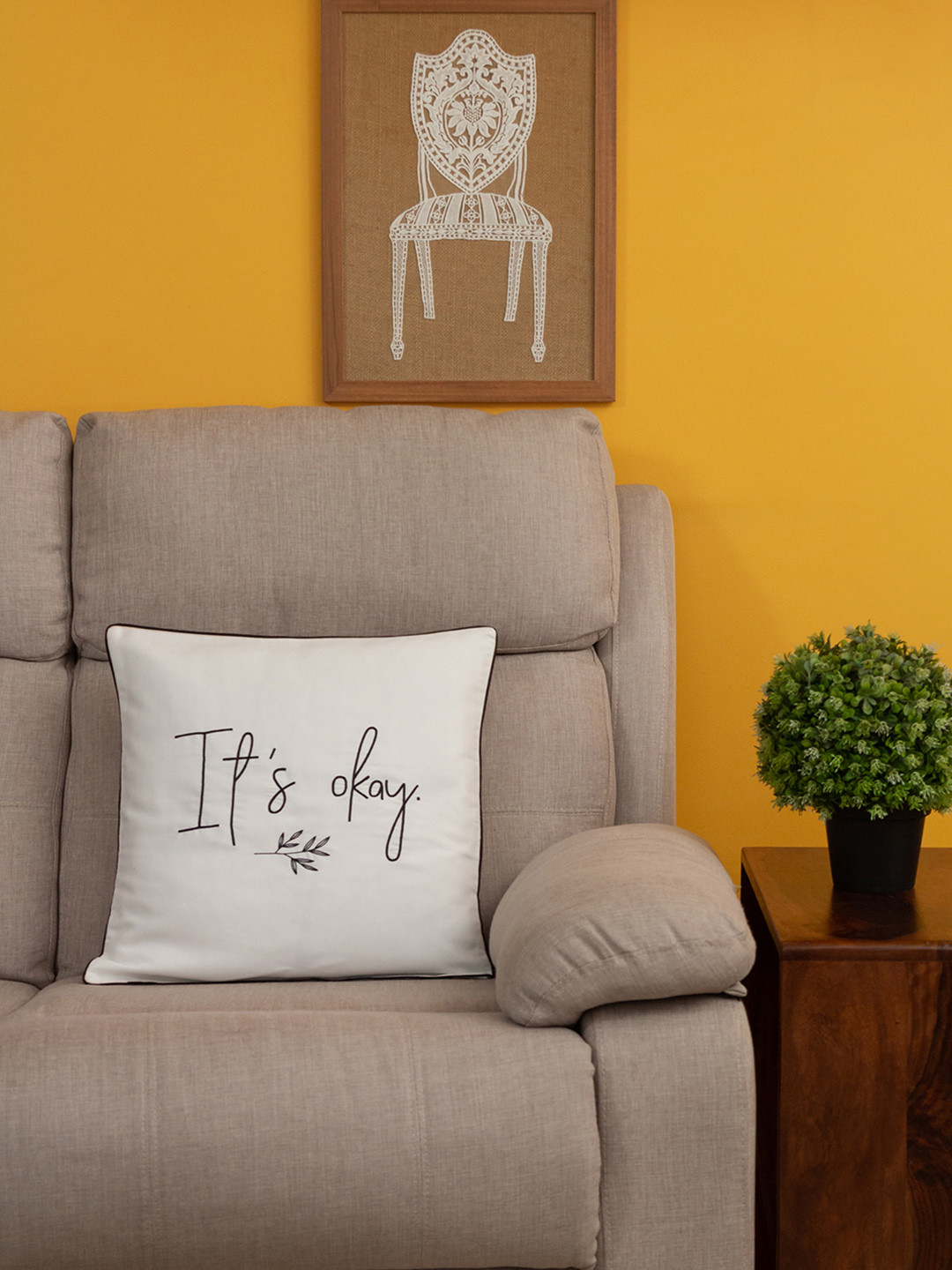 BandBox IT'S OKAY White Cotton Washable Embroidered Square Cushion Cover -16x16In