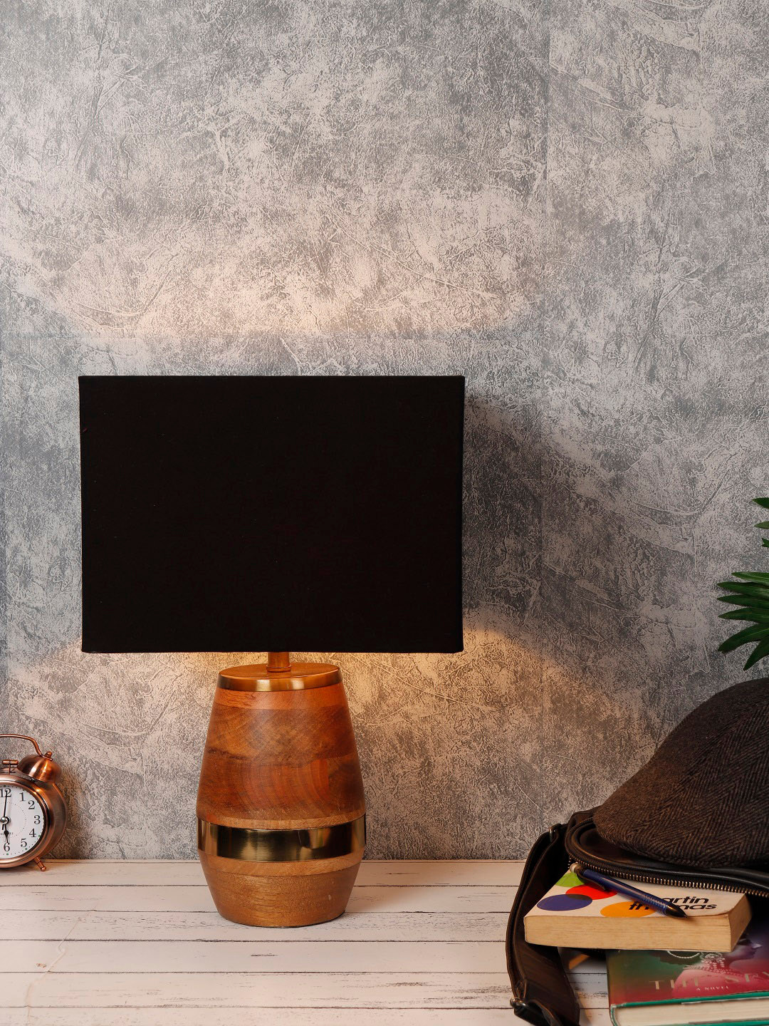 Grated Ginger Black Solid Tribal Rectangular Bedside Lamp