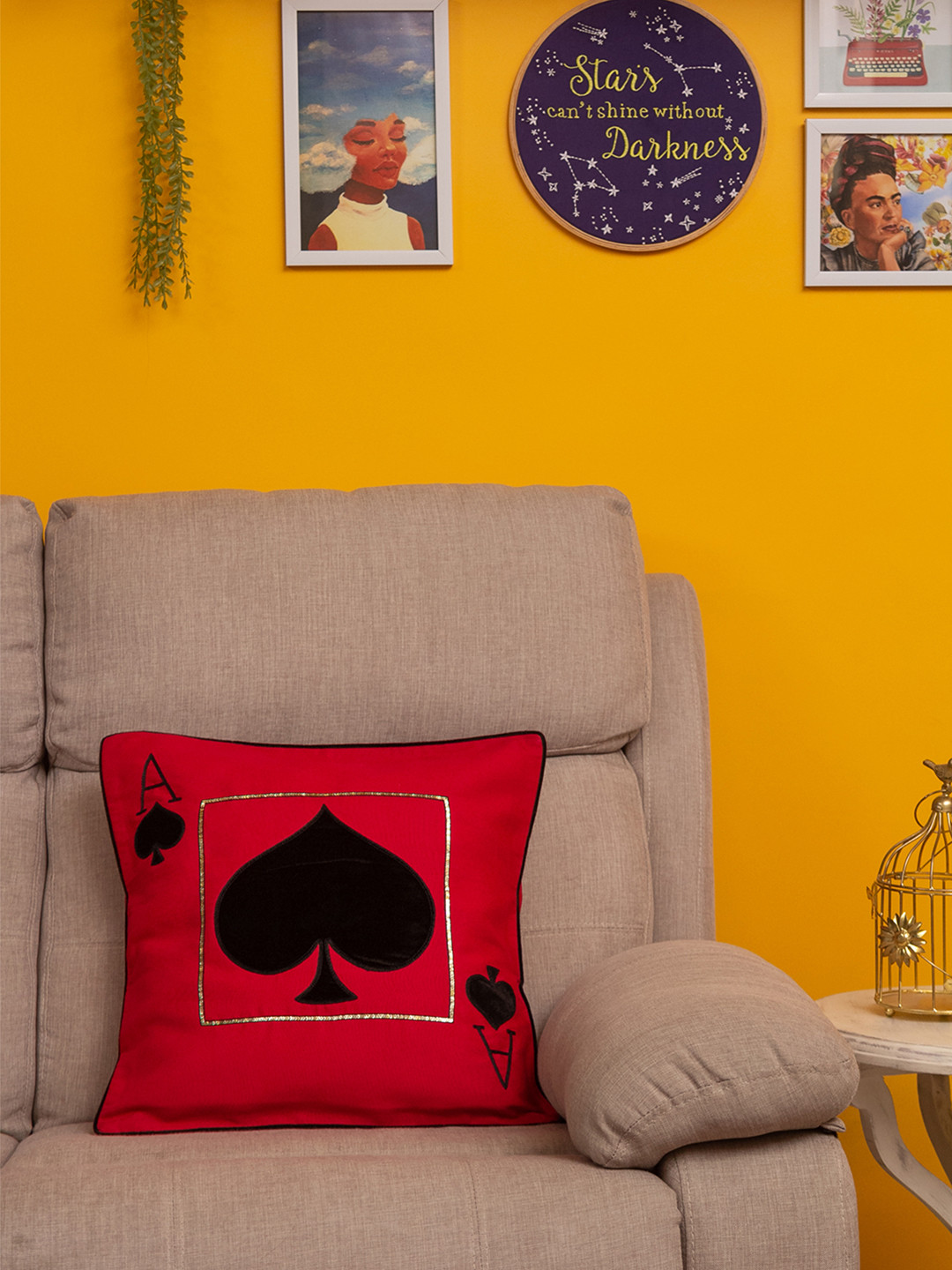 BandBox ACE OF SPADE Red Conversational Cotton Embellished Square Cushion Cover -16x16In