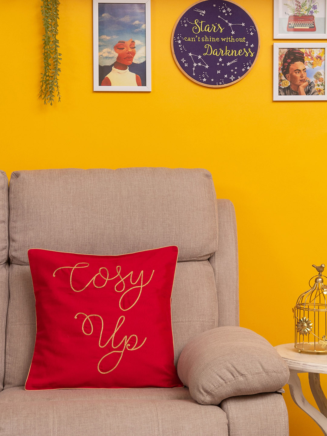 BandBox Red Embroidered Cotton HD Digital Square Cushion Cover - 16 x 16 Inches