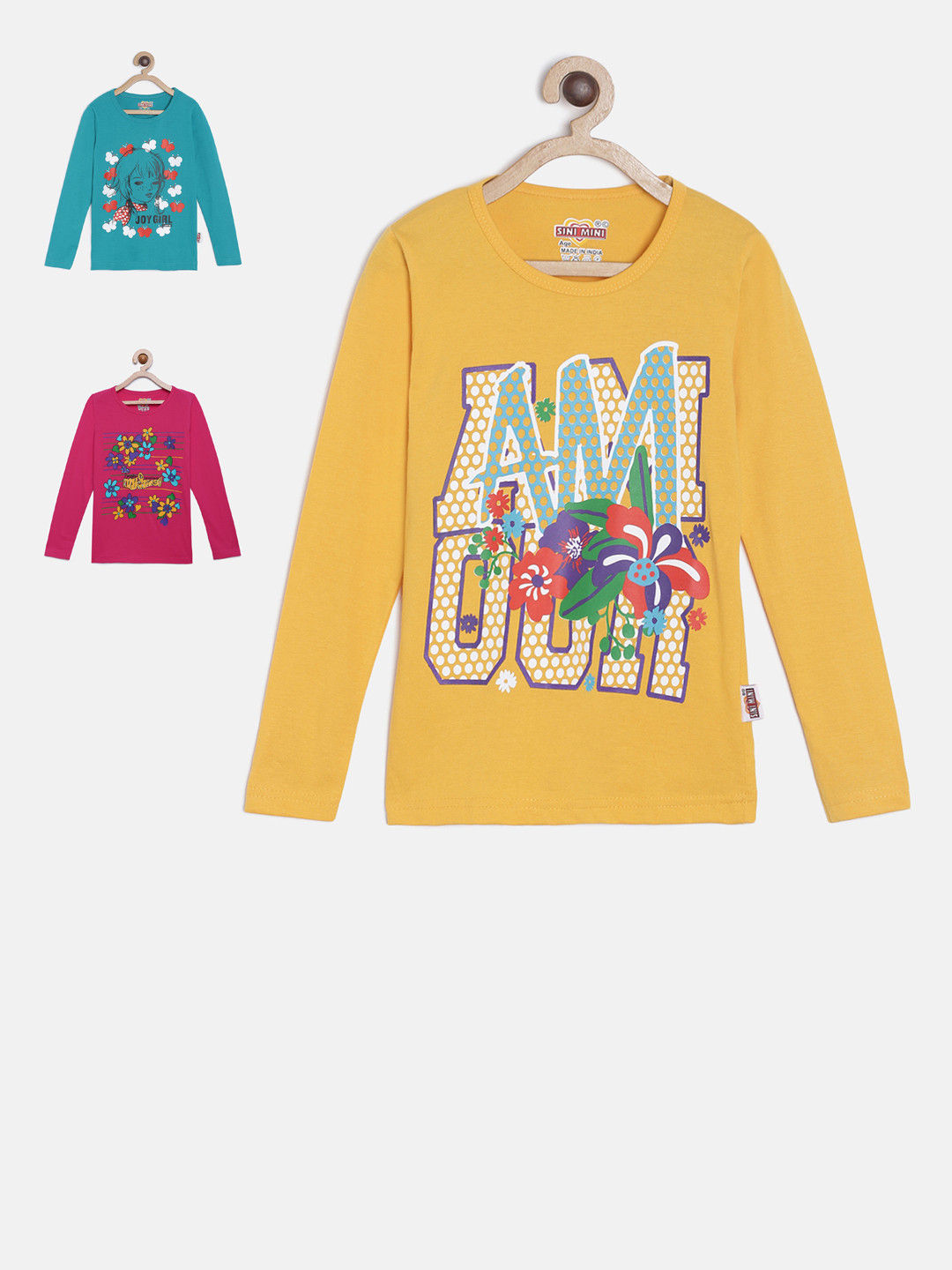 SINI MINI Girls Pack Of 3 Printed Round Neck T-shirts